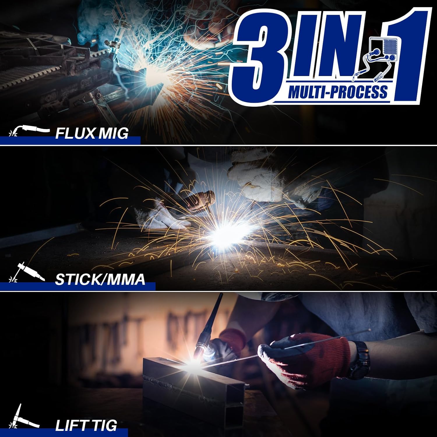 Visual representation of the 3-in-1 multi-process capabilities: Flux MIG, Stick/MMA, Lift TIG