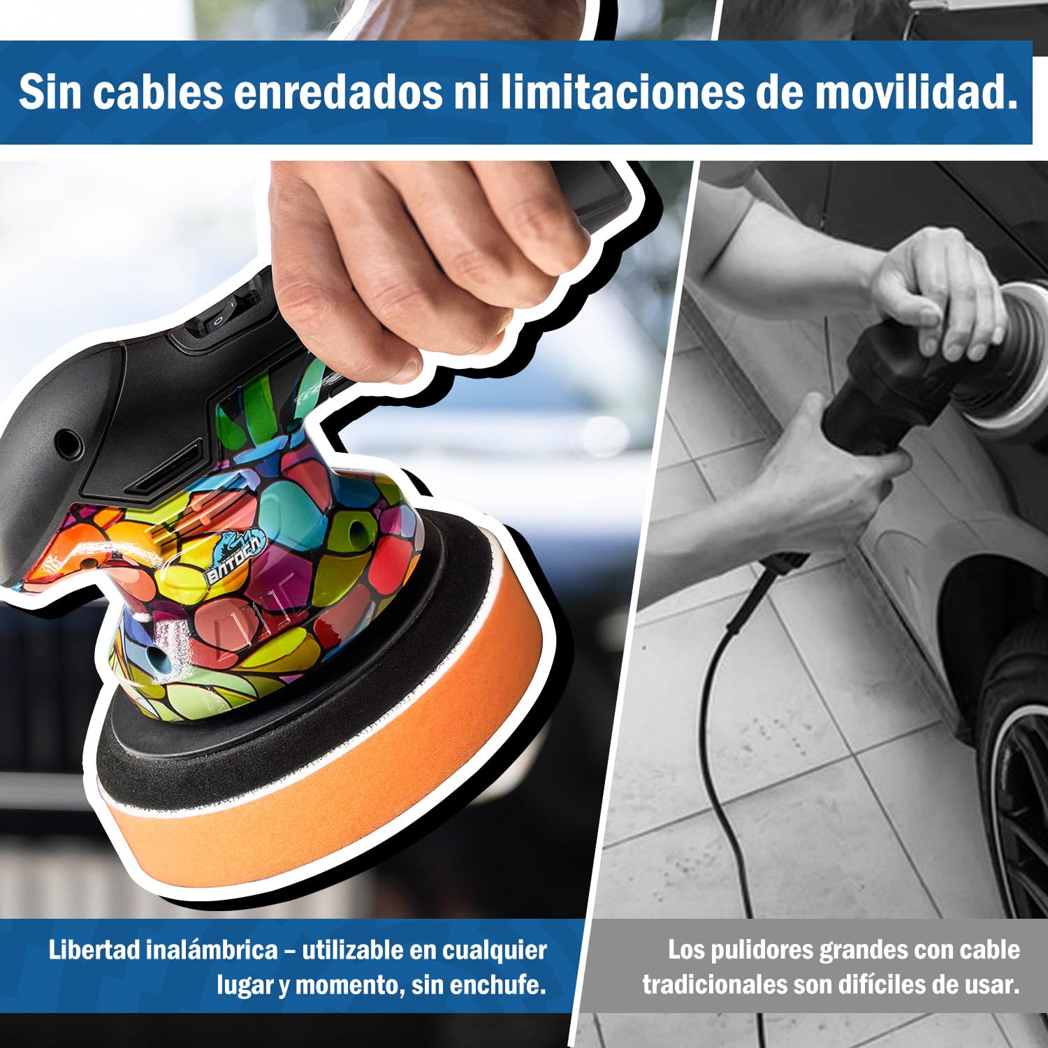 BATOCA S3 Pulidora Batería Compacta Mejorado,12V Pulidor para Coche 5mm Orbital, 2500-5000 RPM,2 2.0A Baterías Set de Pulido, Lijadora Multiusos,Portátil Buffer,Lustrador, Abrillantador,Encerado