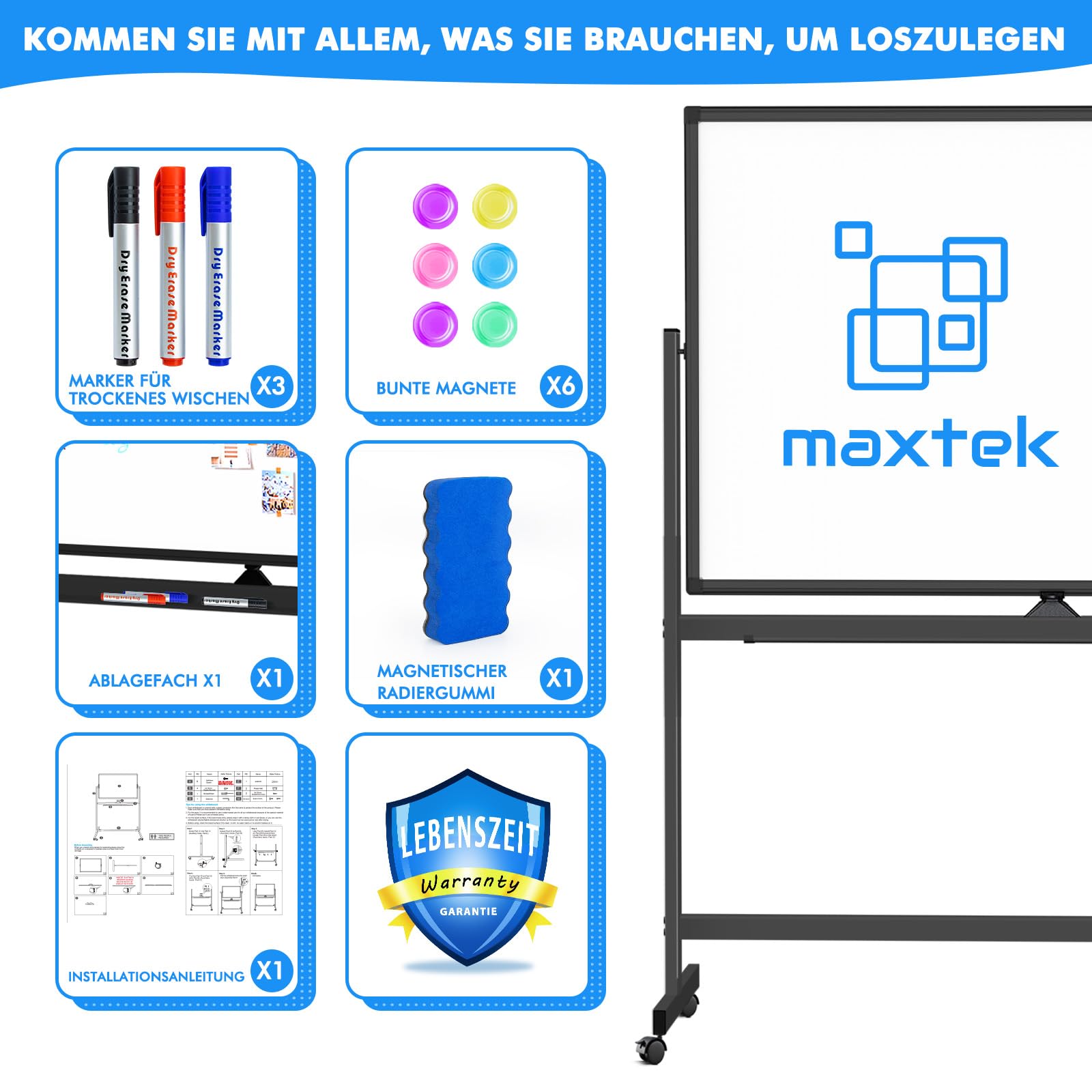 Tableau Blanc Effacable sur Pied 120 x 80 cm, Whiteboard Mobile avec Support, Surface d'écriture Magnétique Double Face, Cadre en Aluminium, Accessoires pour Salle de Classe, Maison, Bureau, Noir