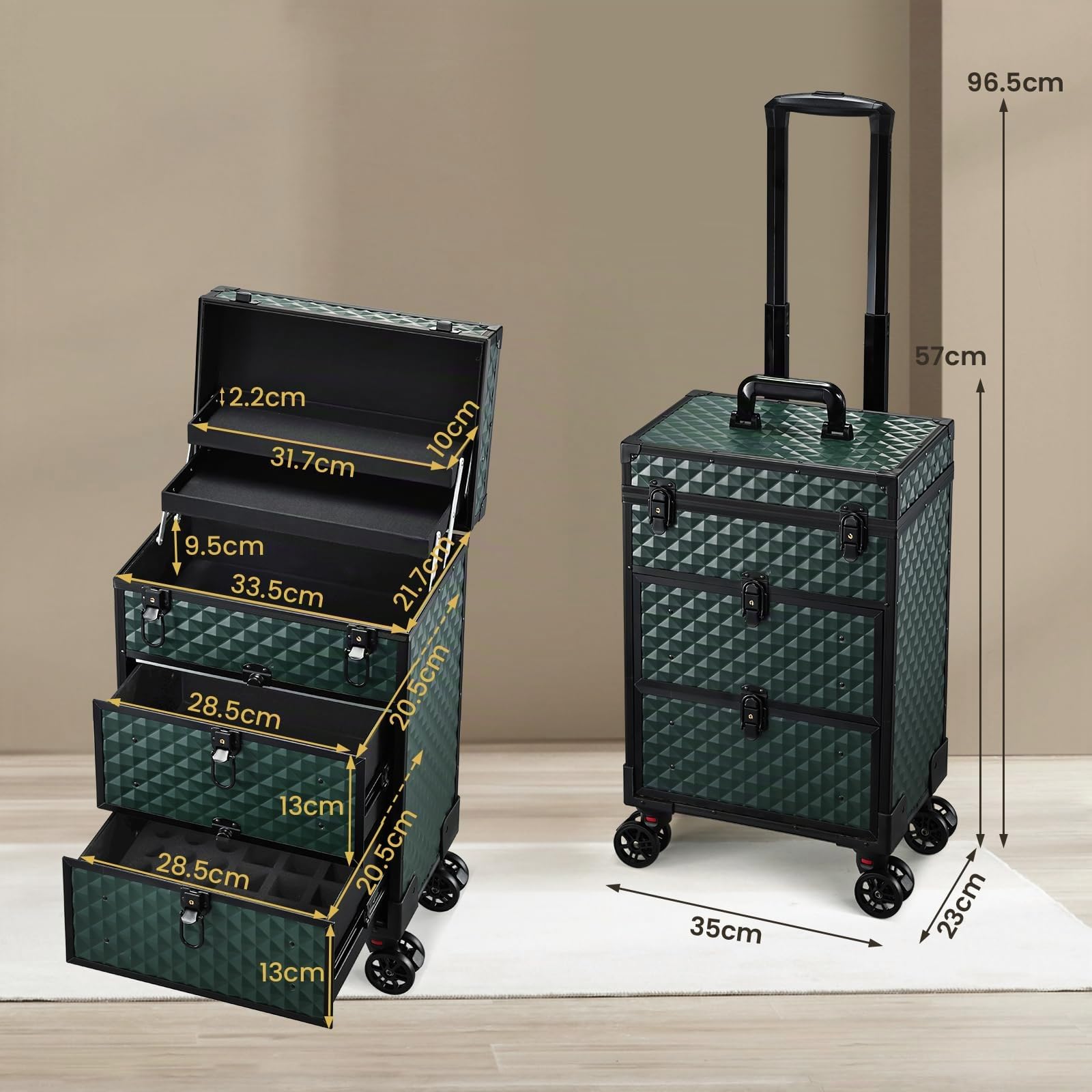 Valise Maquillage, Malette de Manucure et de Coiffure avec Roues 360°, Manche Téléscopique, 2 Plateaux et 2 Tiroirs, Imperméable, Vert