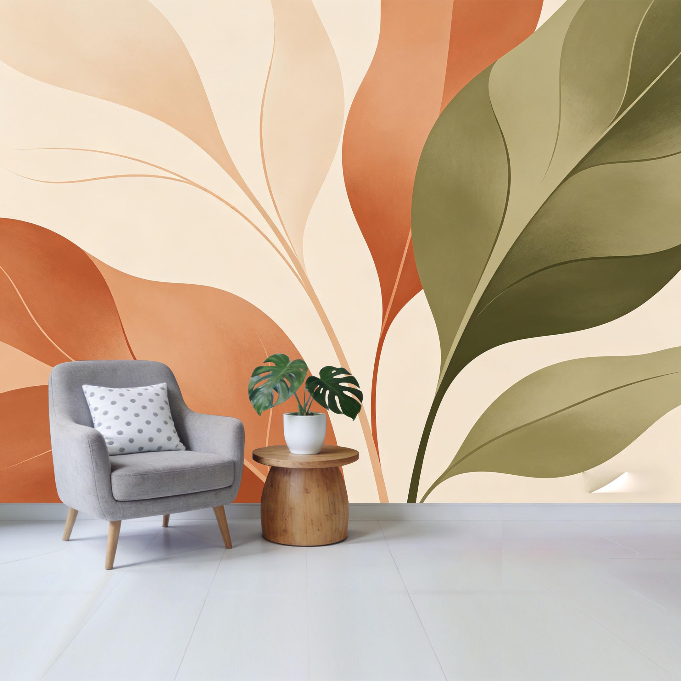 Qzlithotic Yq2605250242 Custom Size Wall Mural Minimalist Abstract Sage Green And Terracotta Leaf Botanical Print Selfadhesive Wall Fabric Removable Wallpaper For Home Office Decor