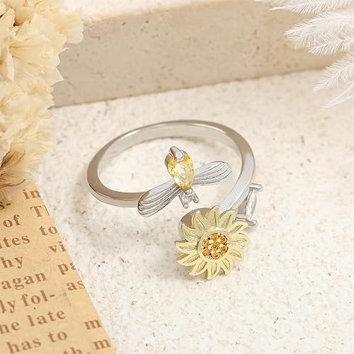 Miniatura 12 de JUNVirtuous Anillo de ansiedad para mujeres, anillos giratorios de girasol, anillo giratorio abierto, ajustable, regalo de girasol para mujeres