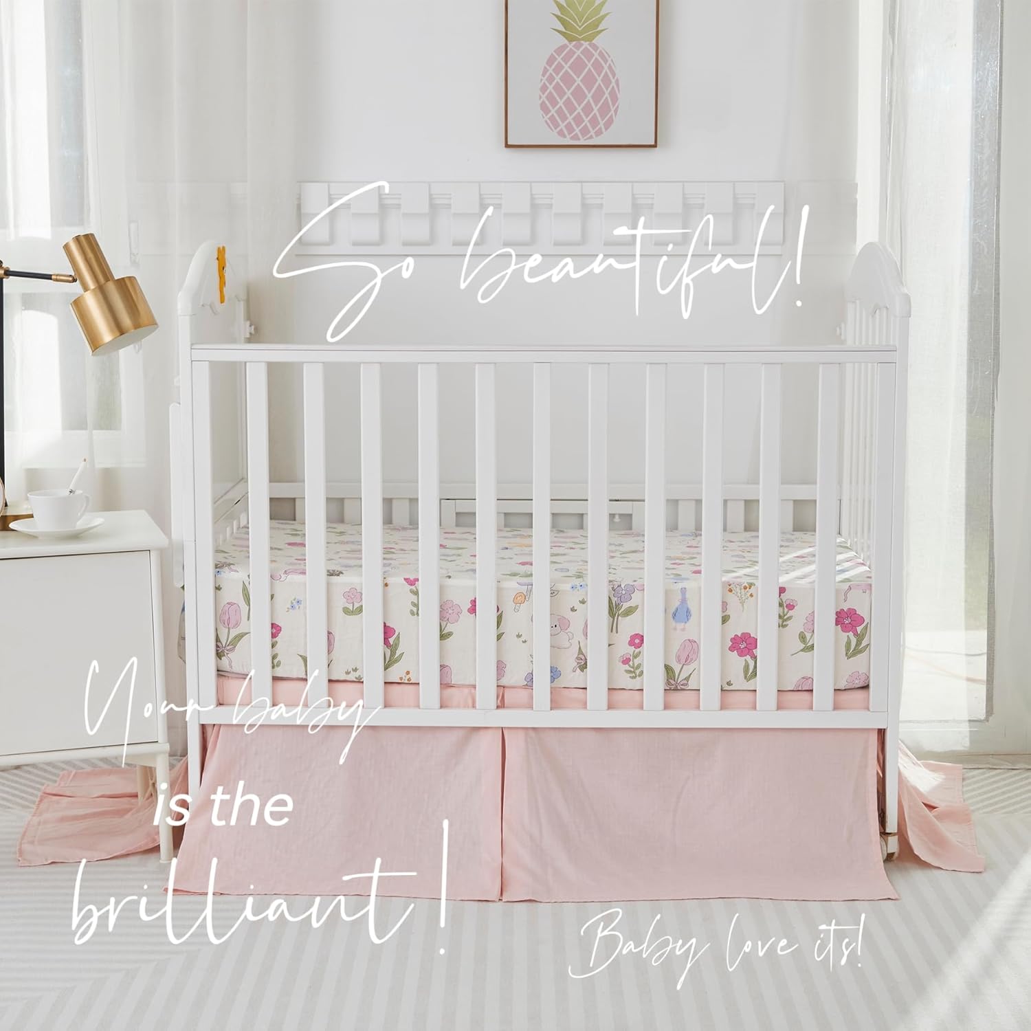 Brandream Crib Bedding Set for Girls Muslin Cotton Comforter Quilt Set Wildflower Animals Print Baby Nursery Bedding Set Lightweight Soft Breathable Gauze Bedding, Pink, 6 Pieces