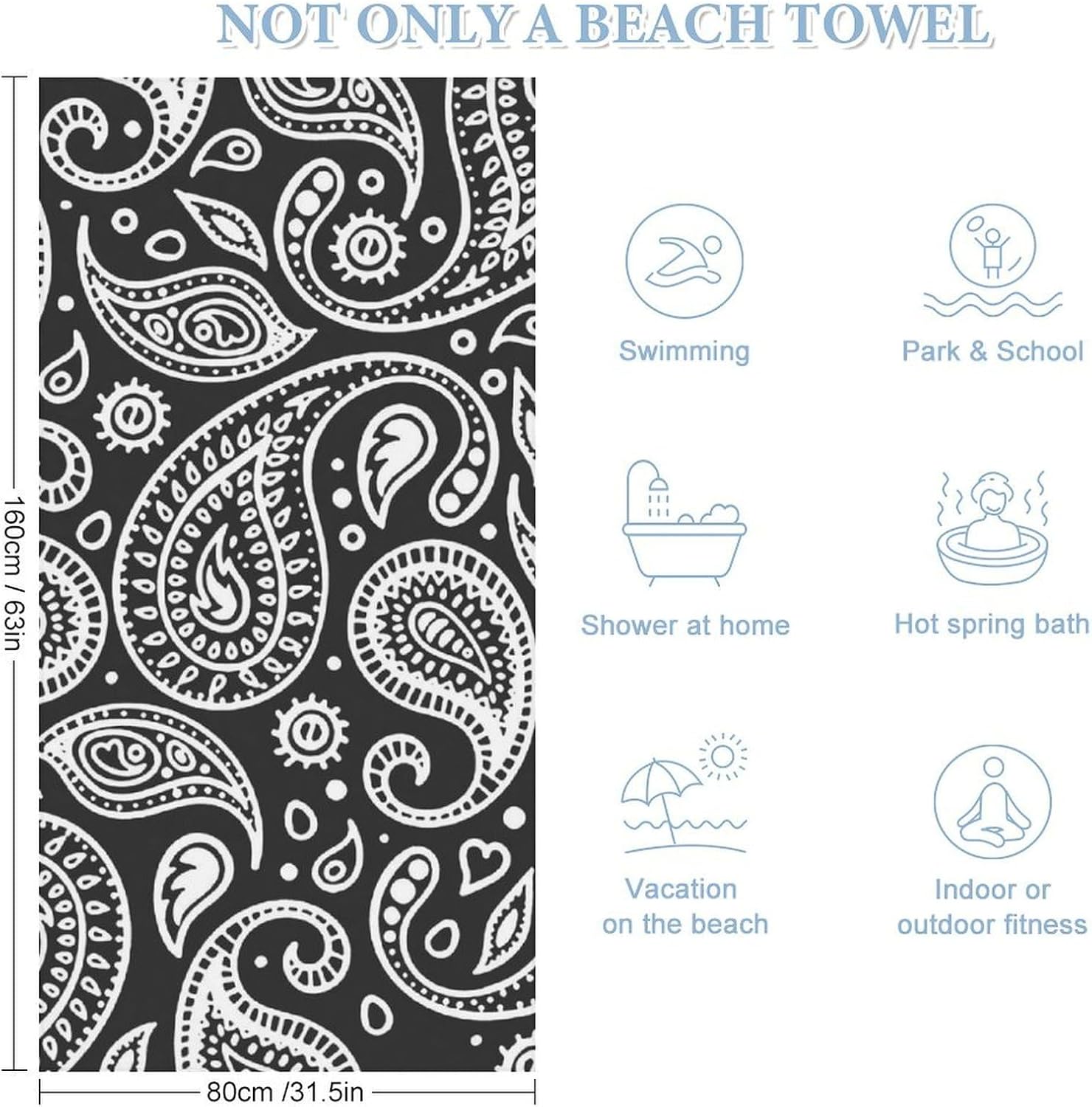 Black White Bandana Paisley Beach Towel Oversized Pool Bath Towels for Bathroom Lightweight Travel 160x80cm