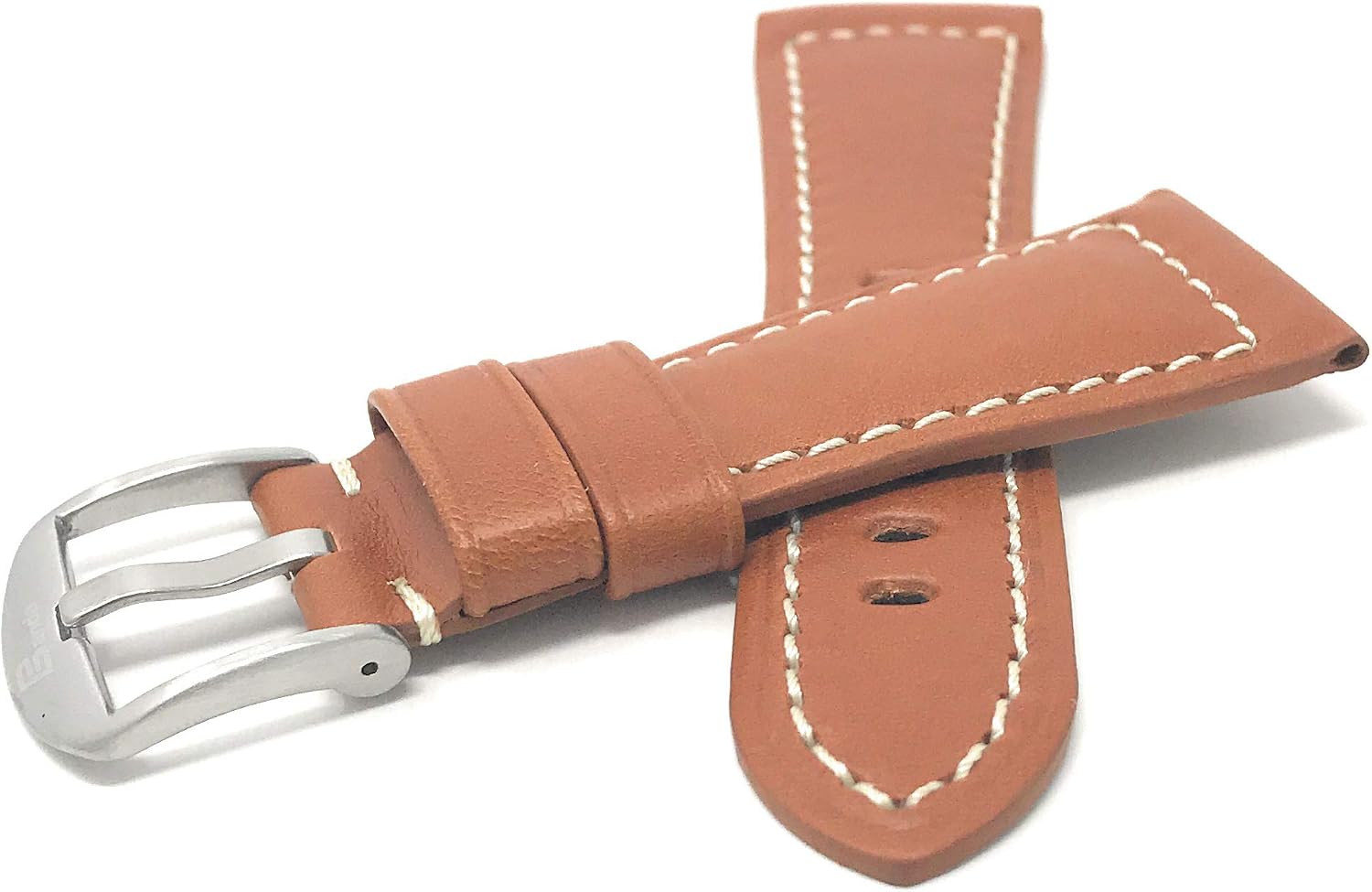 Bandini Mens Leather Watch Band Strap, White Stitch, Stainless Steel Buckle, 5 Colors (20mm, 22mm, 24mm, 26mm, 28mm, 30mm, 32mm)