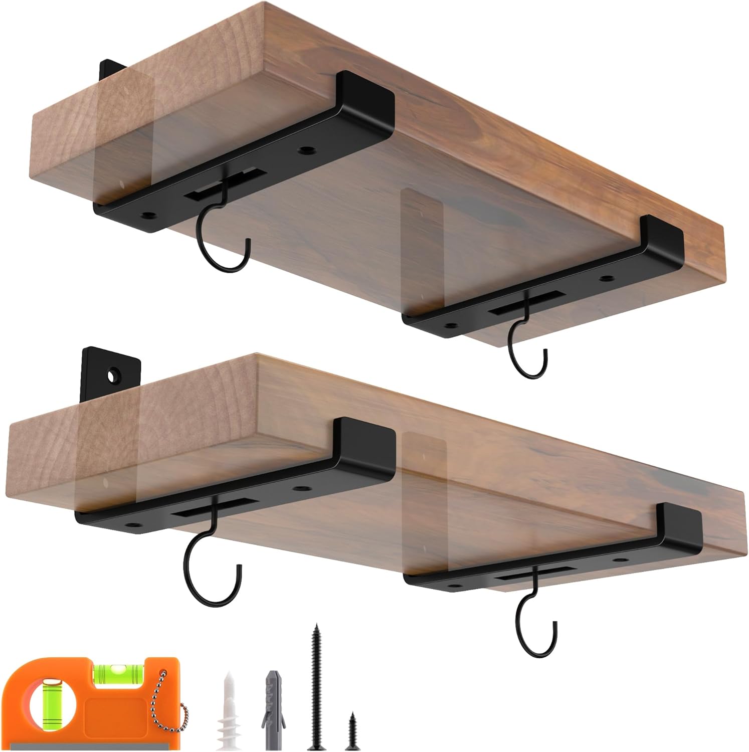 LEOPO 8 Inch Shelf Bracket for DIY Floating Shelf, 1/5 inch Thick Openwork Heavy Duty Bracket with Hook, 4 Pack, 7.25” x 4” x 1.5”