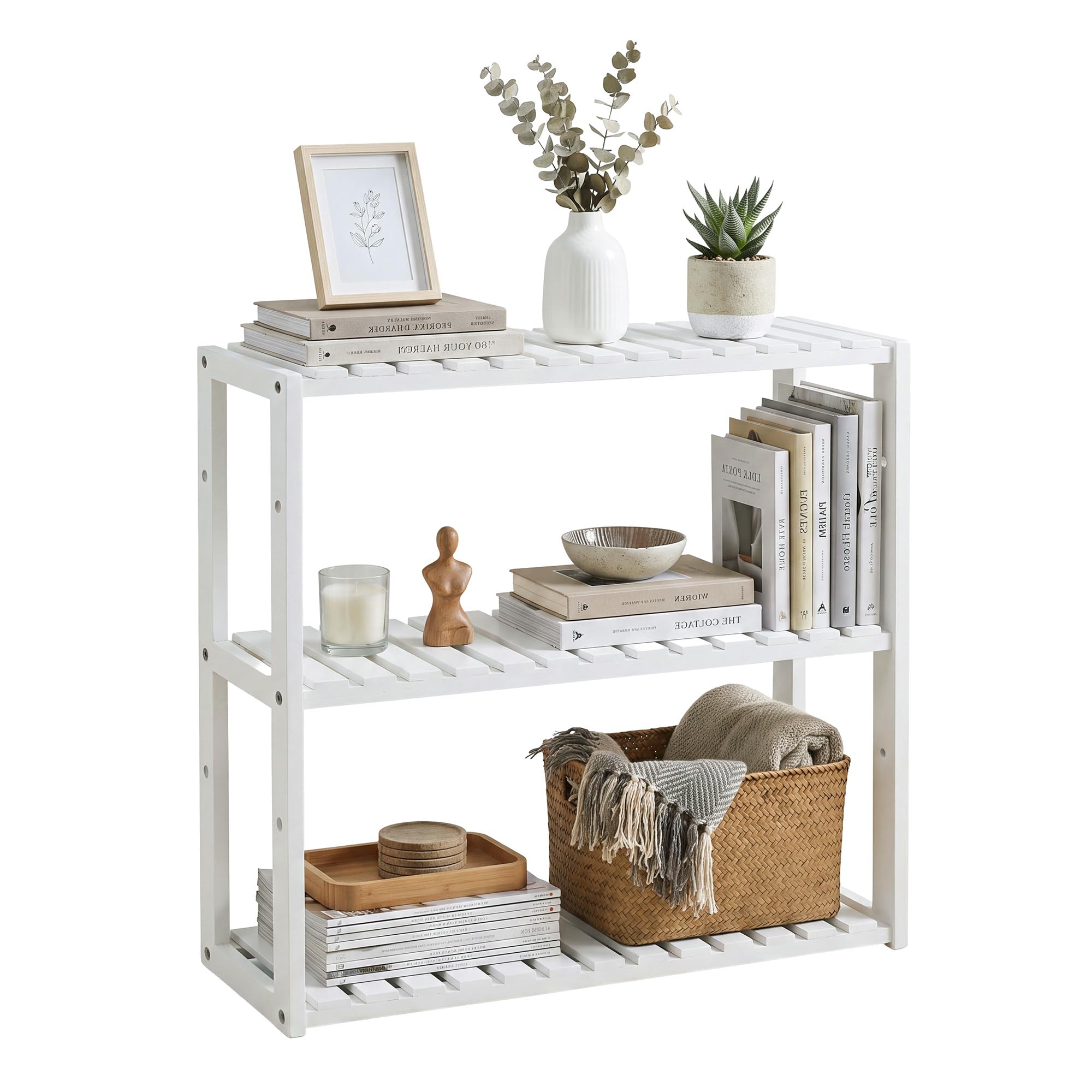 SONGMICS BCB13W Bamboo Shelf, Height Adjustable, 3 Tier Shelf, 60 x 15 x 54 cm, for Bathroom, Wall, Kitchen, Books, White