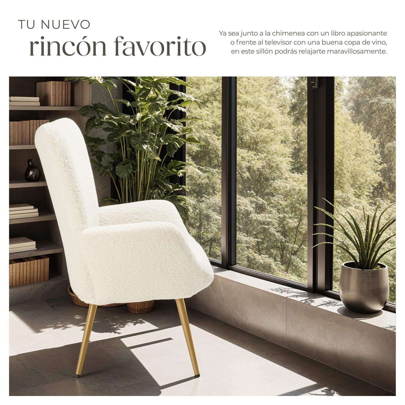 tectake® Sillón Orejero Estilo Escandinavo, Butaca de Salón con Tapizado en Tejido Bouclé, Sillón Lectura con Respaldo Ergonómico, Ideal Mueble de Salón, Topes en Patas, hasta 150kg - Crema/Dorado
