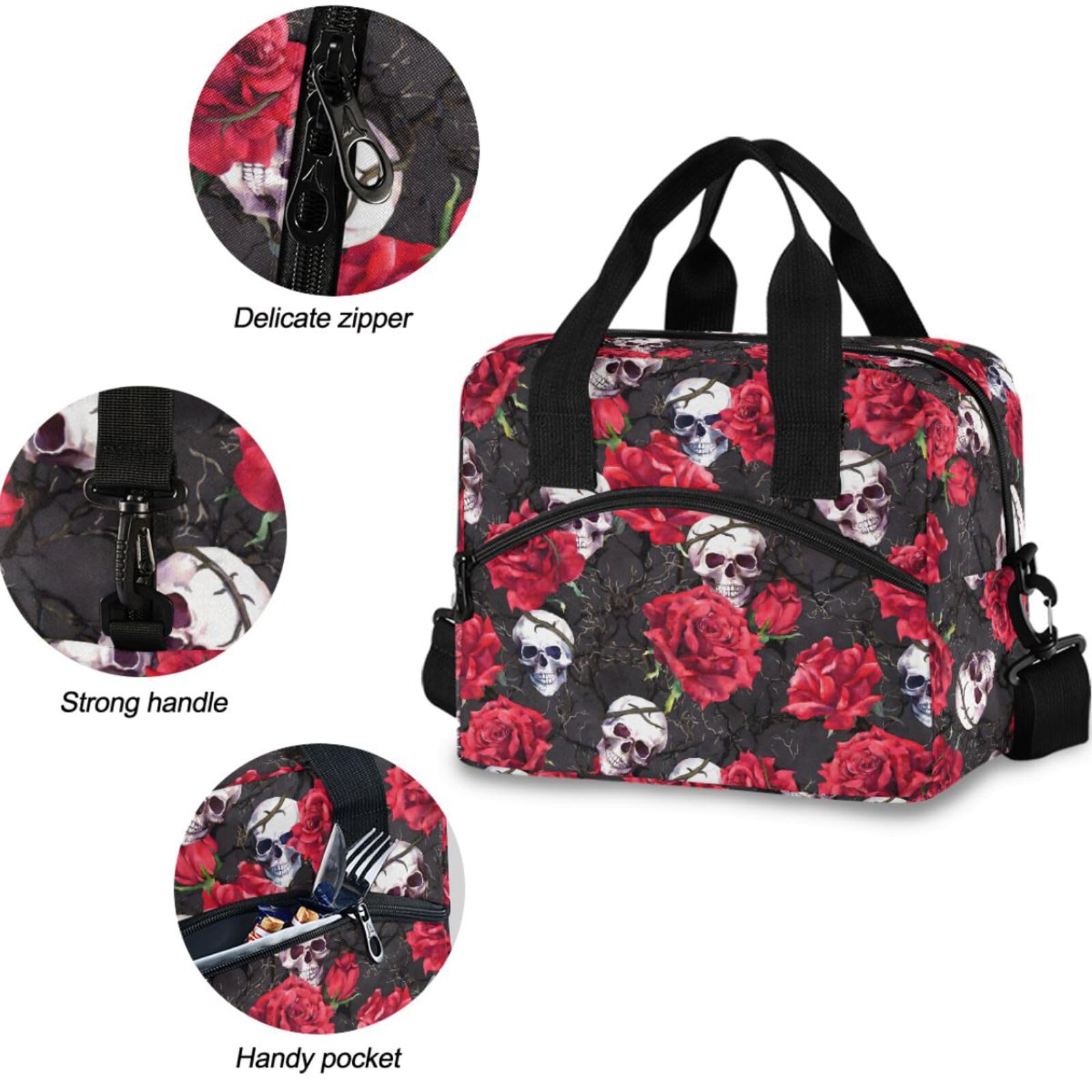 MNSRUU Sac à déjeuner isotherme réutilisable avec bandoulière réglable Motif crânes et roses