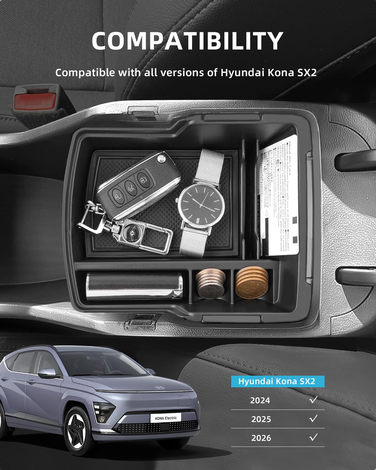 Vano Portaoggetti per BRACCI0L0 per Hyundai Kona SX2 EV Hybird 2024 2025, Bracciolo Organizer con Tappeti Antiscivolo, Bracciolo Strato Superiore Vassoio Organizzatore Accessori