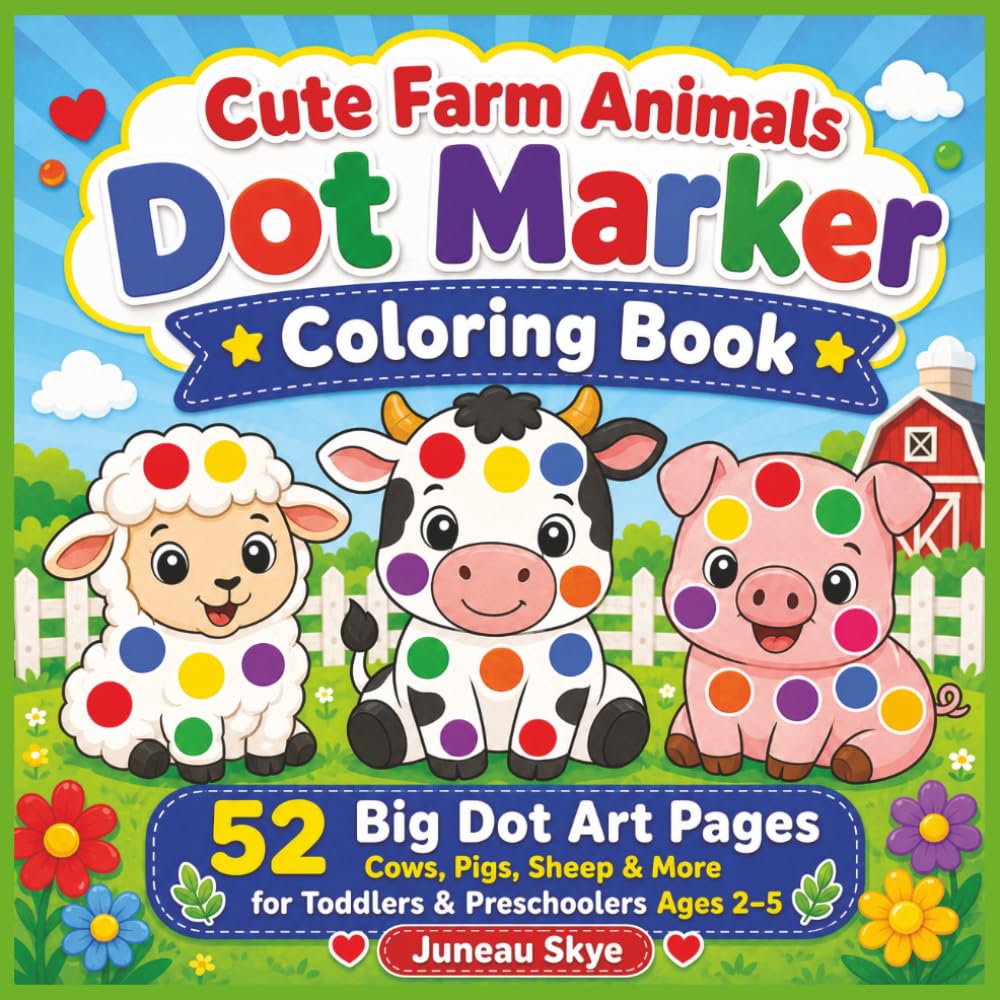 Cute Farm Animals Dot Marker Coloring Book: 52 Big Dot Art Pages with Cows, Pigs, Sheep, Chickens, Barnyard Animals, and Cute Farm Scenes for Toddlers ... 2-5 (Juneau Skye Dot Marker Activity Books)