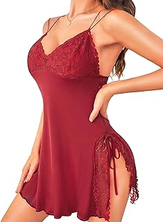RSLOVE Women Lingerie Sexy Chemise Lace Babydoll Side Split Full Slip Nightgown Modal Sleepwear Nighty