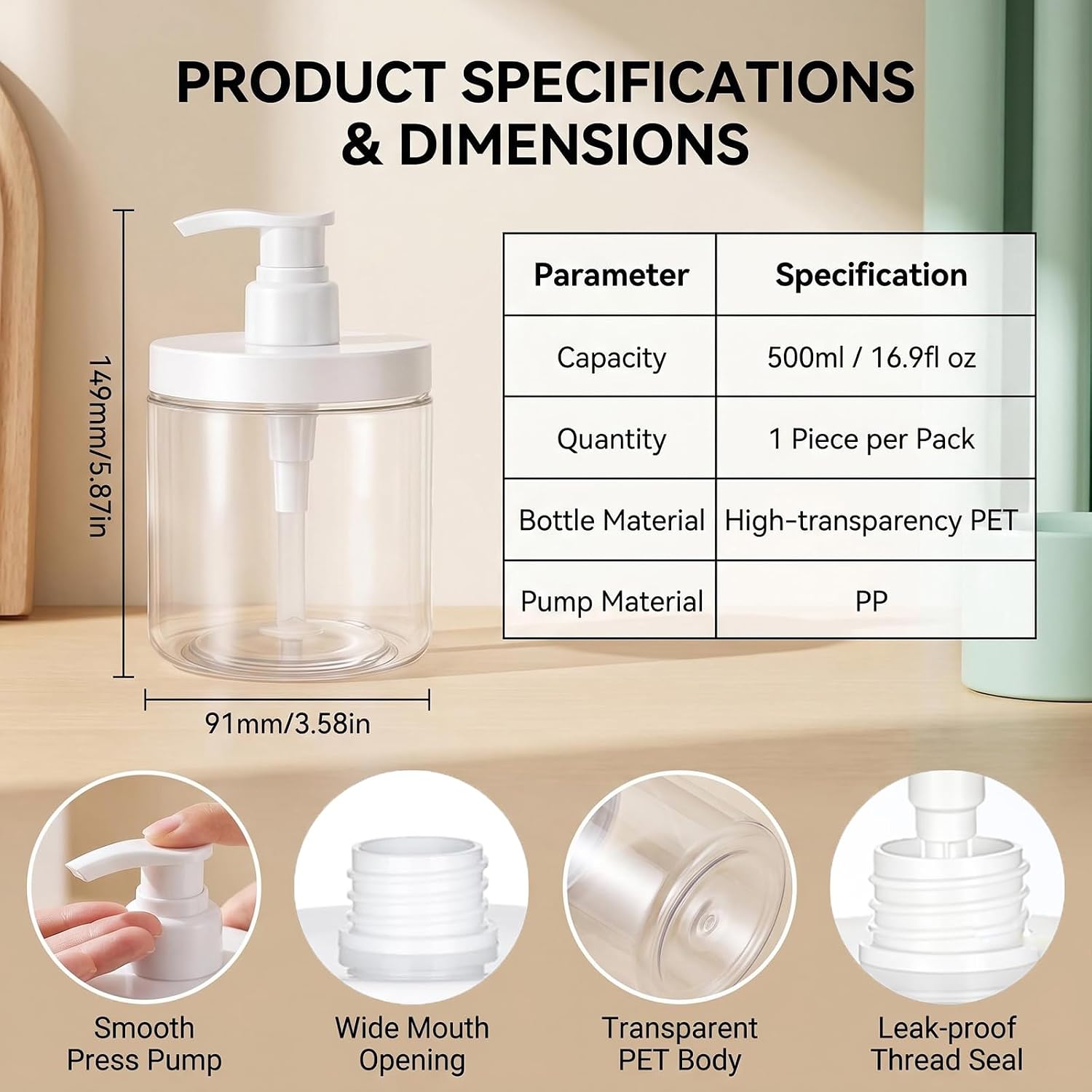 16.9oz/500ml White Plastic Lotion Pump Bottle Dispenser (Clear)