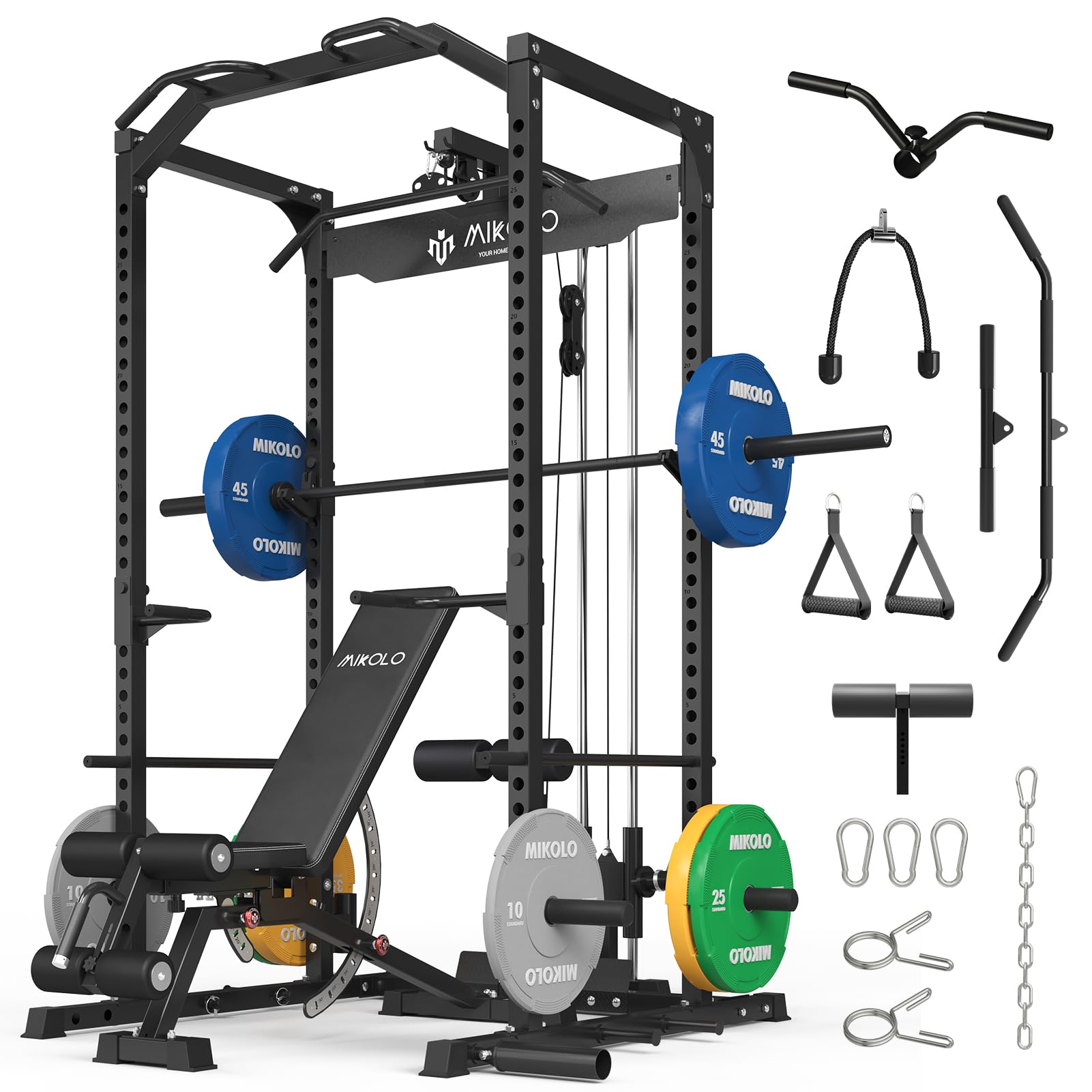 Mikolo F4 2.0 Power Cage with Dual-Track Smooth Pulley System, 1200LBS Power Rack with Leg Hold-Down for Heavy LAT Pulldowns, Home Gym Package with 230lb Colorful Weight Plate (Black)