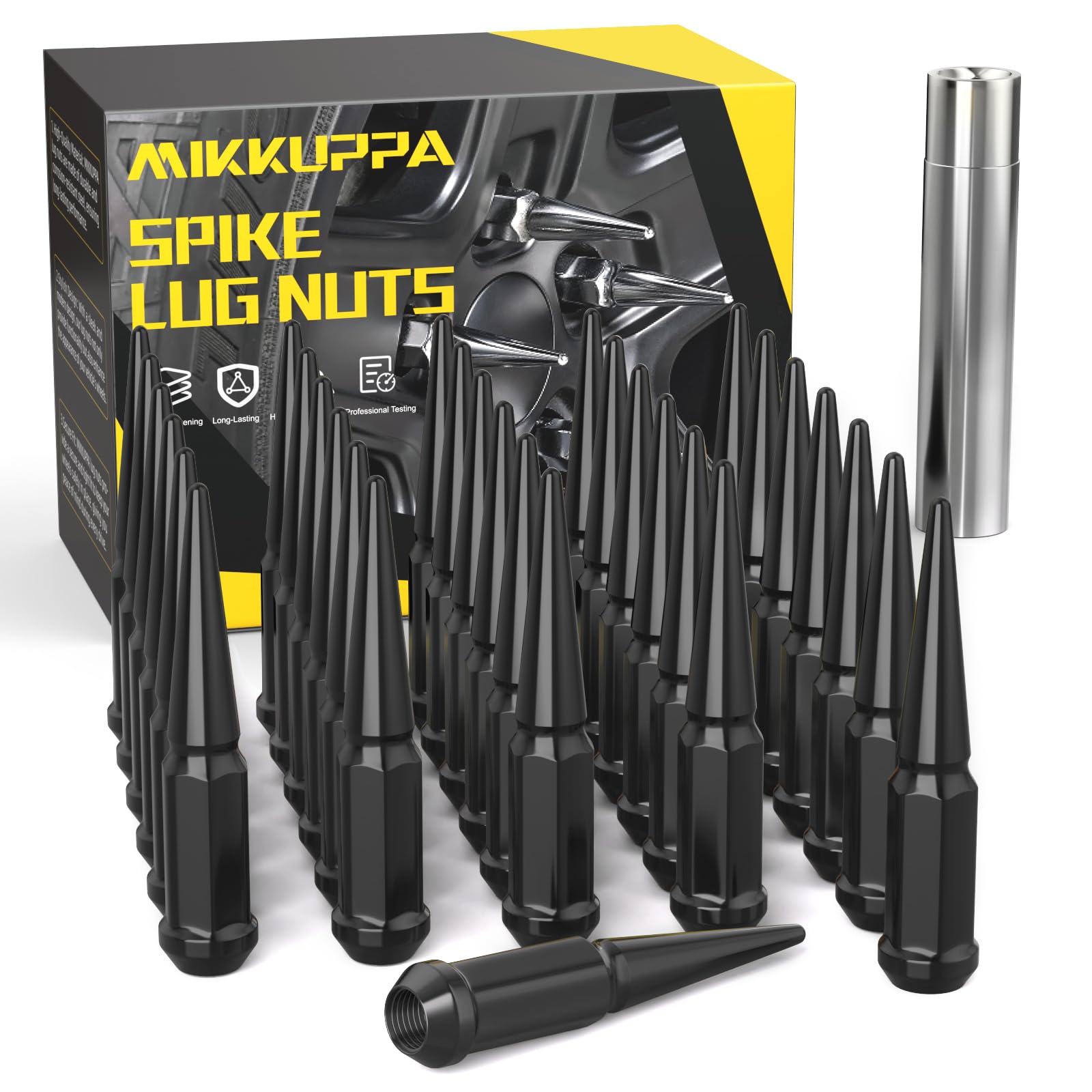 MIKKUPPA M14x1.5 Wheel Spike Lug Nuts, 32 PCS Black Spiked 14mmx1.5 Solid 4.4" Tall Acorn Lug Nuts with 1 Socket Key Replacement for Chevy Silverado 1500 2500 3500, F-150 F-250 F-350