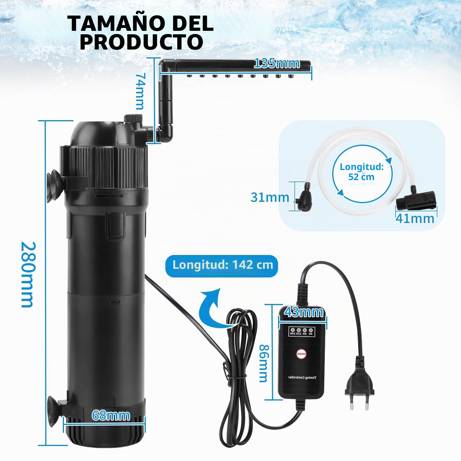 DBREAKS 5 en 1 Filtro Acuario Interno 650 L/h 6W con Lámpara UVC 8W y Temporizador, Filtro Pecera Ajustable para Acuarios 100-300 litros, Filtro Tortugas de Agua con Lampara UV
