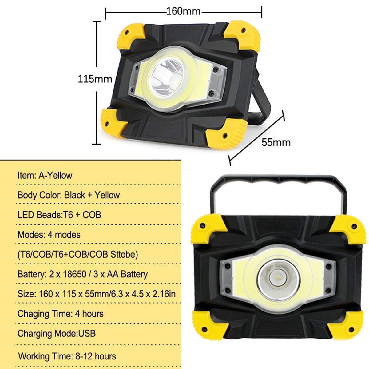 LED Wiederaufladbare Arbeitsleuchte, 10W Flutlicht, USB Tragbare Campingleuchte, IP65 Wasserdicht Strahler, 4 Beleuchtungsmodi für Auto Reisen Wandern Angeln