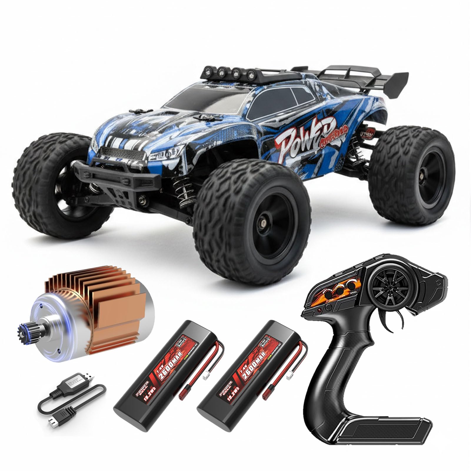 Voiture RC 1:8 50 km/h Buggy Tout Terrain Haute Vitesse | Moteur RC550, 2 batteries 7,4V 2600mAh, contrôle proportionnel 2,4G, éclairage LED, véhicule télécommandé pour adultes