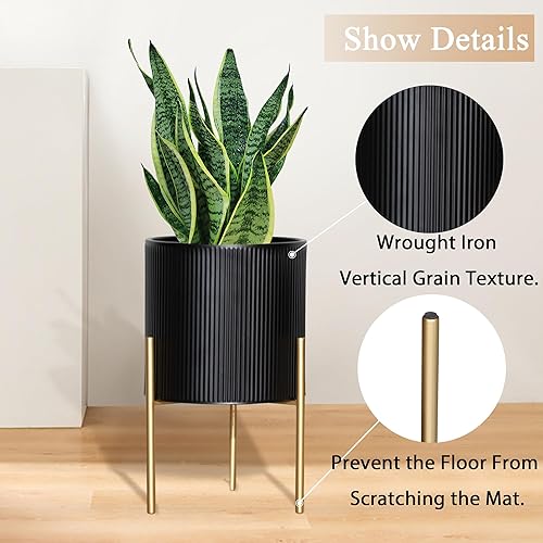 Miniatura 3 de ARNIS Macetas modernas, juego de 2 macetas redondas grandes con soporte, macetas decorativas, macetas de metal con agujeros de drenaje para sala de