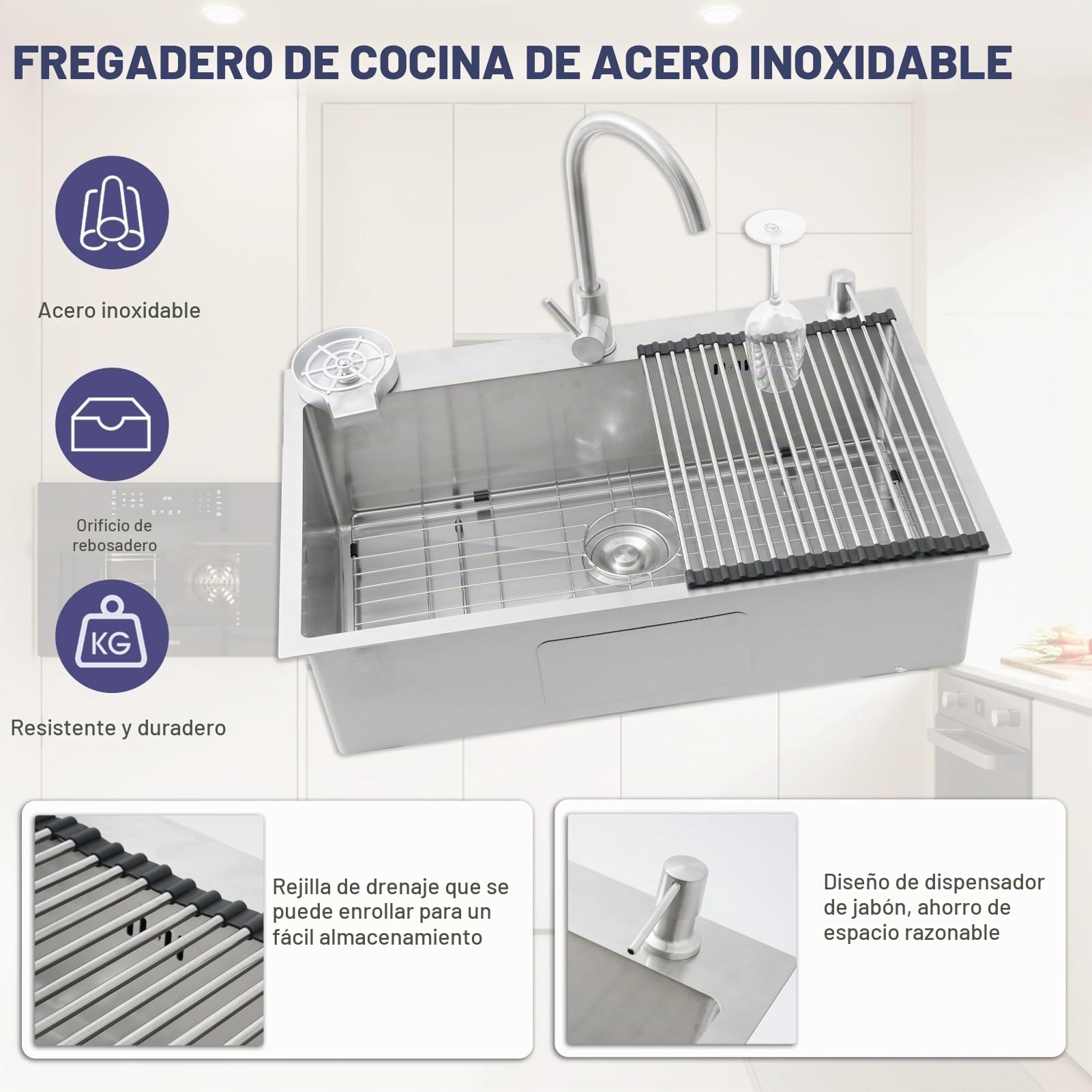 Fregadero Cocina 1 Seno 85 x 50cm,Acero Inoxidable Cepillado,Fregadero Bajo Encimera o Sobre Encimera, Gran Pila con grifo, con Sifón, Escurridor, Dispensador de jabón