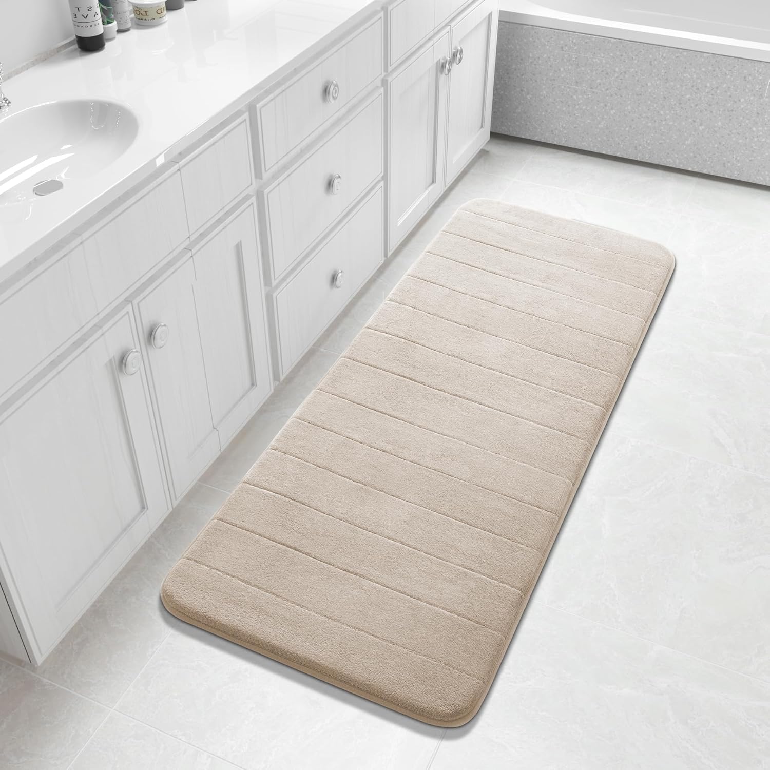 Yimobra Memory Foam Bath Mat 140 x 61 cm, Non Slip Bathroom Mat, Soft Absorbent Quick Dry Bath Rug, Machine Washable for Shower, Sink and Bathroom, Beige