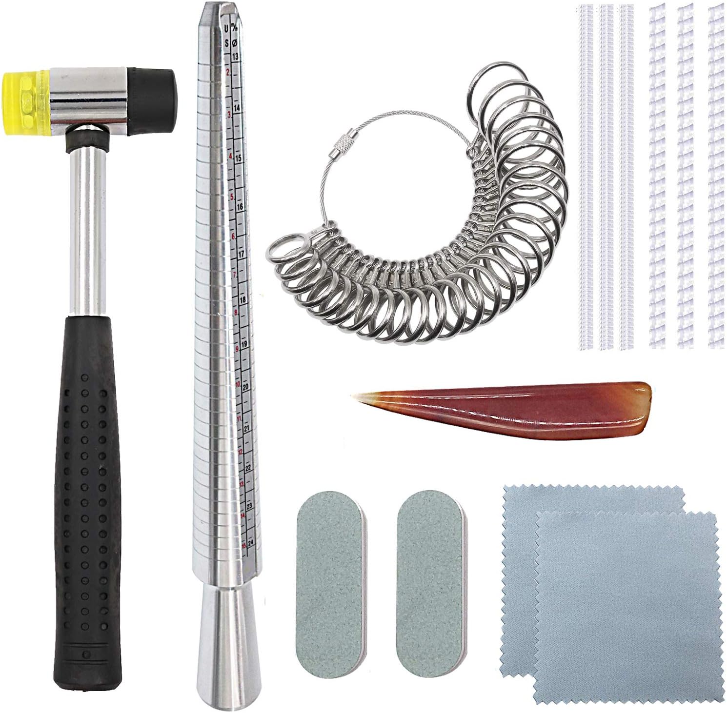 PHYHOORing Sizer Mandrel Set Metal Stick Measuring Tool Kit Finger Sizing Gauge US Size including Jewelry Rubber Hammer, Metal, Agate
