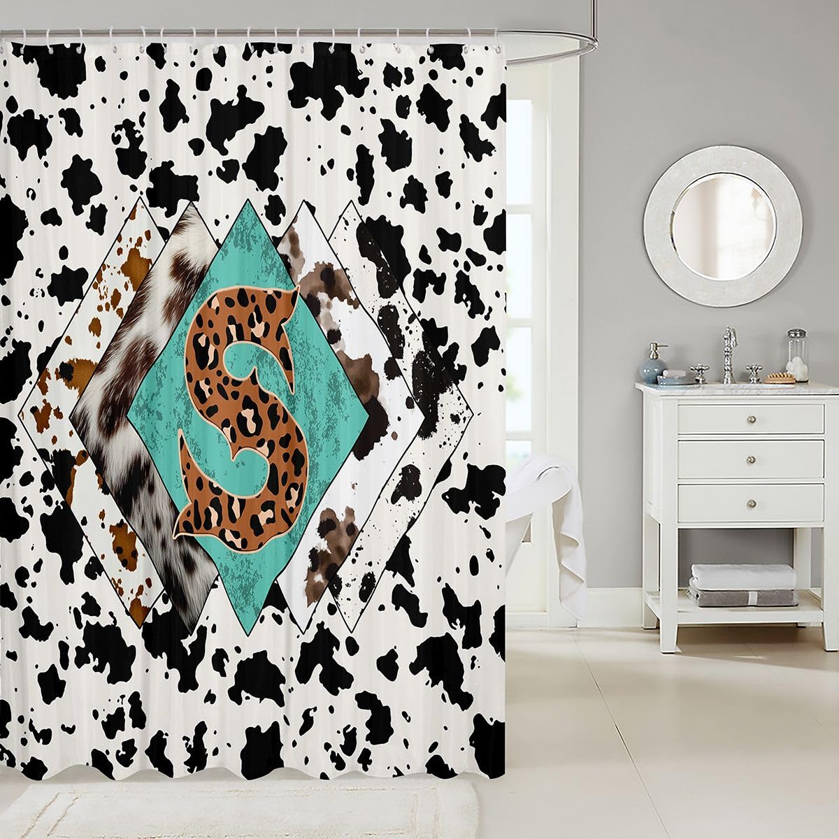 Rideau de douche lettre S taille L léopard monogramme alphabet imprimé cuir de vache rideau de bain pour adultes design rustique rétro rideaux de bain imperméables avec 12 crochets pour baignoire