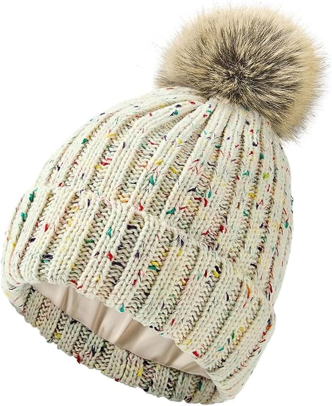 Gorro con forro de satén para mujer con gorro de punto con puños de invierno con pompón | Forro de satén apto para el cabello, pompón desmontable y cálido para climas fríos, desplazamientos diarios, viajes, regalos y uso al aire libre.