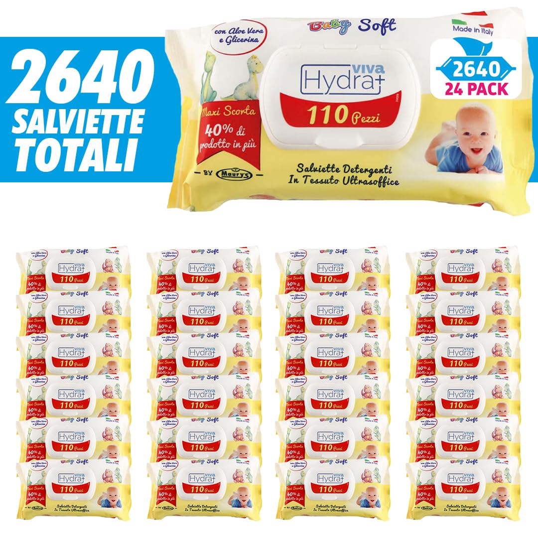 Maury's Salviette per Neonati Idratanti e Detergenti - Umidificate a Base di Acqua per Pelli Sensibili e Delicate con pH Neutro - Corpo Viso e Cambio Pannolino (CLASSIC - 2640 Pz (24 Confezioni))