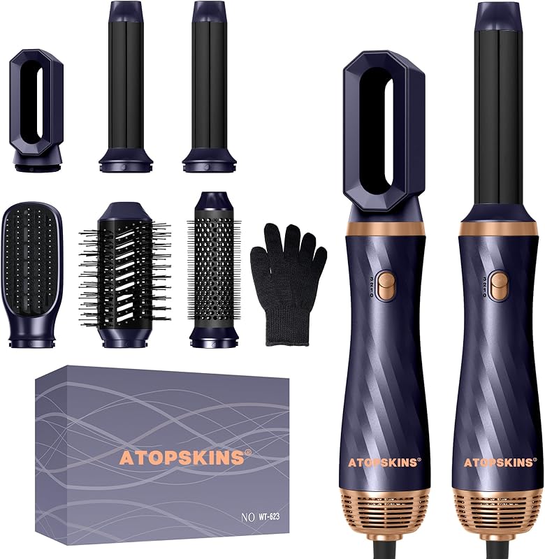 Atopskins 6 az 1-ben Forrólevegős Hajformázó Készlet - Hajszárító Kefe Automata Hajgöndörítővel, Hajegyenesítő, Dúsító és Styler Funkciók