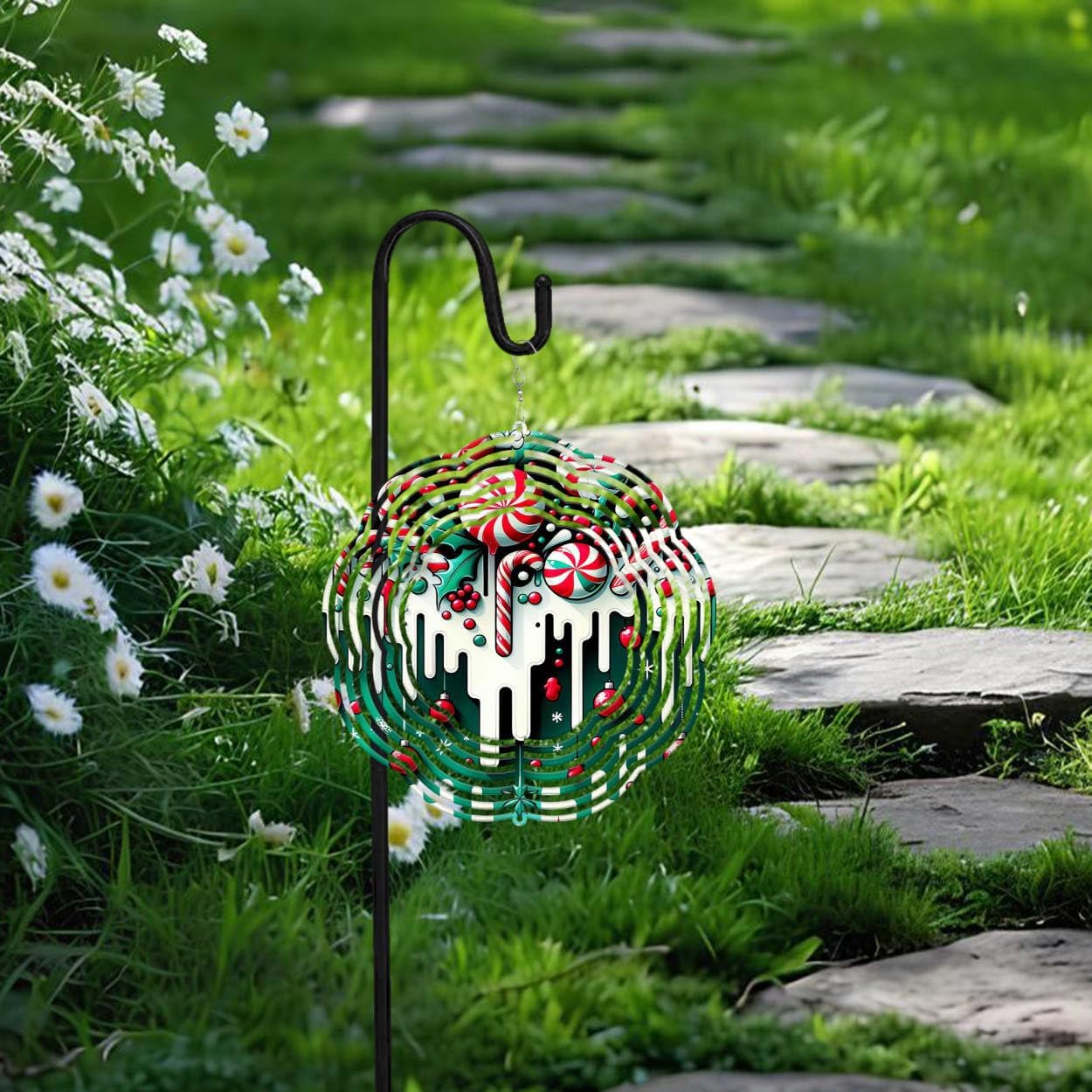 Candy Cane Christmas Wind Spinners 3D Stainless Steel Laser Cut Metal Double Sided Printing-Hanging Indoor/Outdoor Decorations Yard Gardening Decor,Metal Kinetic Art 16x16 inches