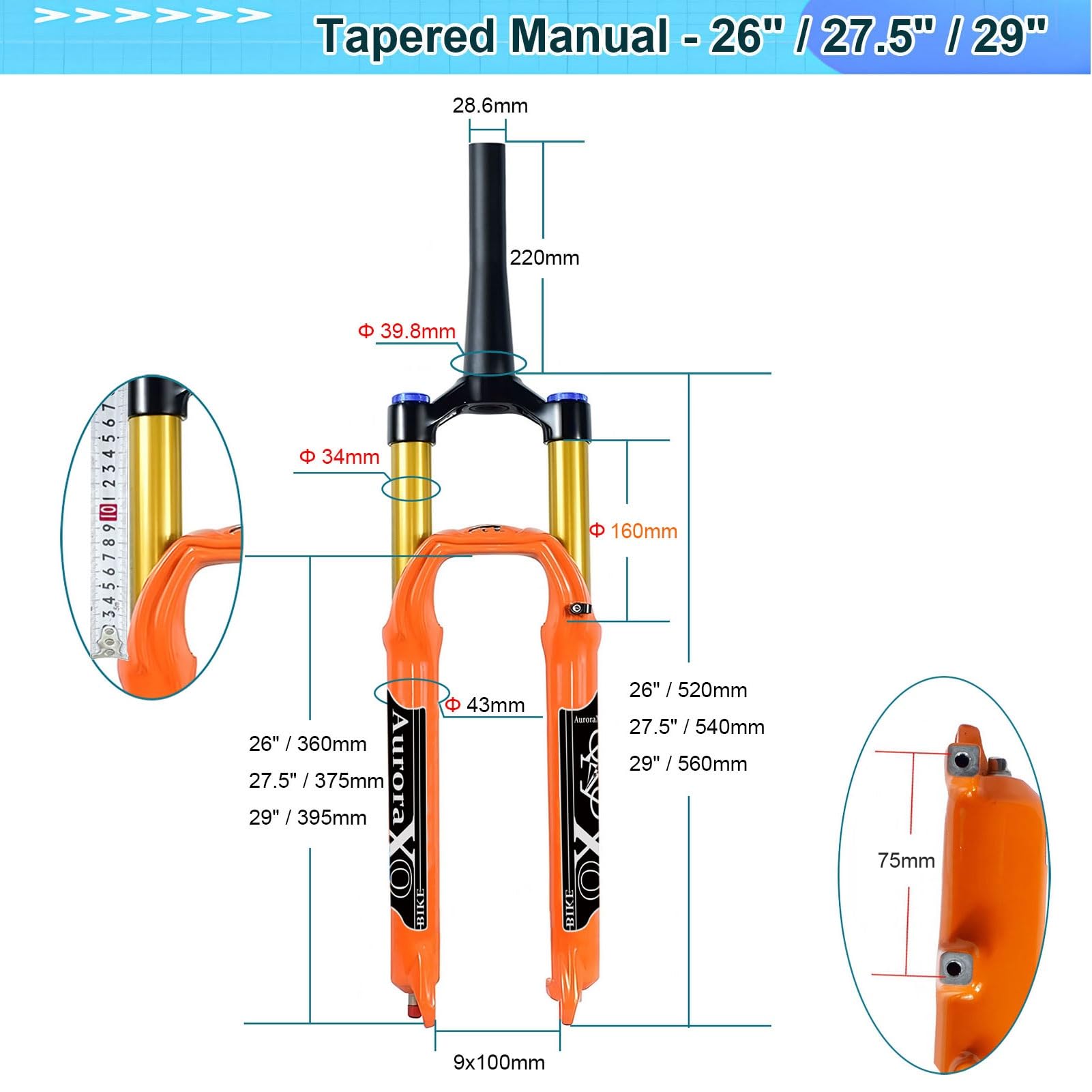 Amortyzacja 160 mm, przedni widelec do roweru górskiego, 26/27,5/29", pomarańczowy, do MTB XC AM, zawieszenie proste/stożkowe, opony 1,5-2,4"