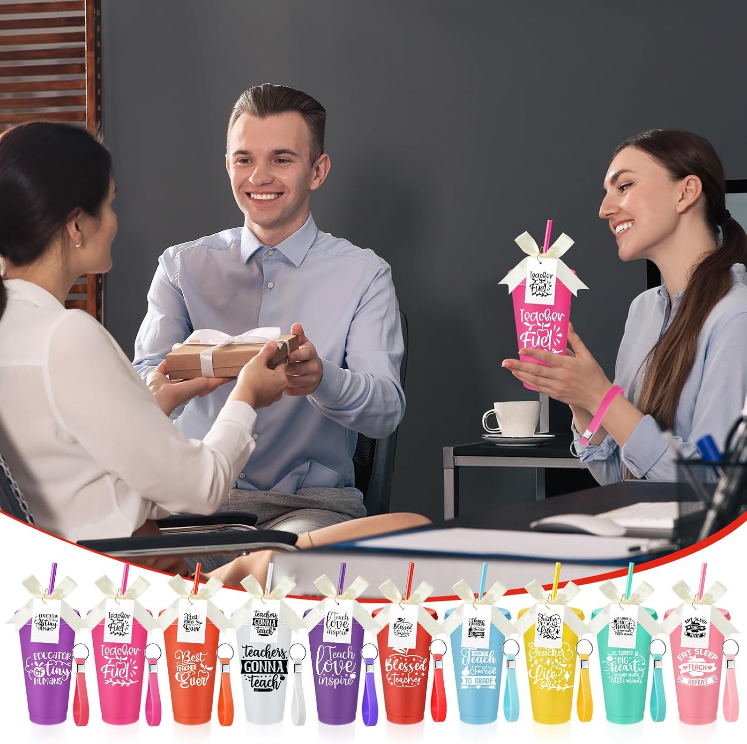 SiliFine 30 Sets Thank You Teachers Appreciation Gifts Bulk, 24 oz Plastic Tumblers with Lids and Straws Reusable Coffee Cups with Silicone Keychains, Bow-knots and Cards(Classic)