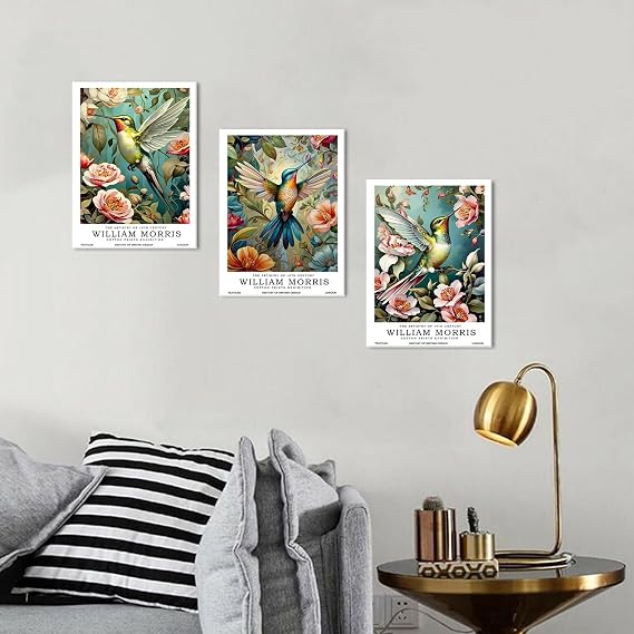 William Morris Prints Wall Art Hummingbird Floral Canvas Pictures William Morris Vintage Botanical Bird Posters Victorian Gallery Framed Artwork for Living Room Bedroom Hallway Office 30x40cm 3Pcs