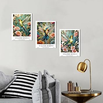 William Morris Prints Wall Art Hummingbird Floral Canvas Pictures William Morris Vintage Botanical Bird Posters Victorian Gallery Framed Artwork for Living Room Bedroom Hallway Office 30x40cm 3Pcs