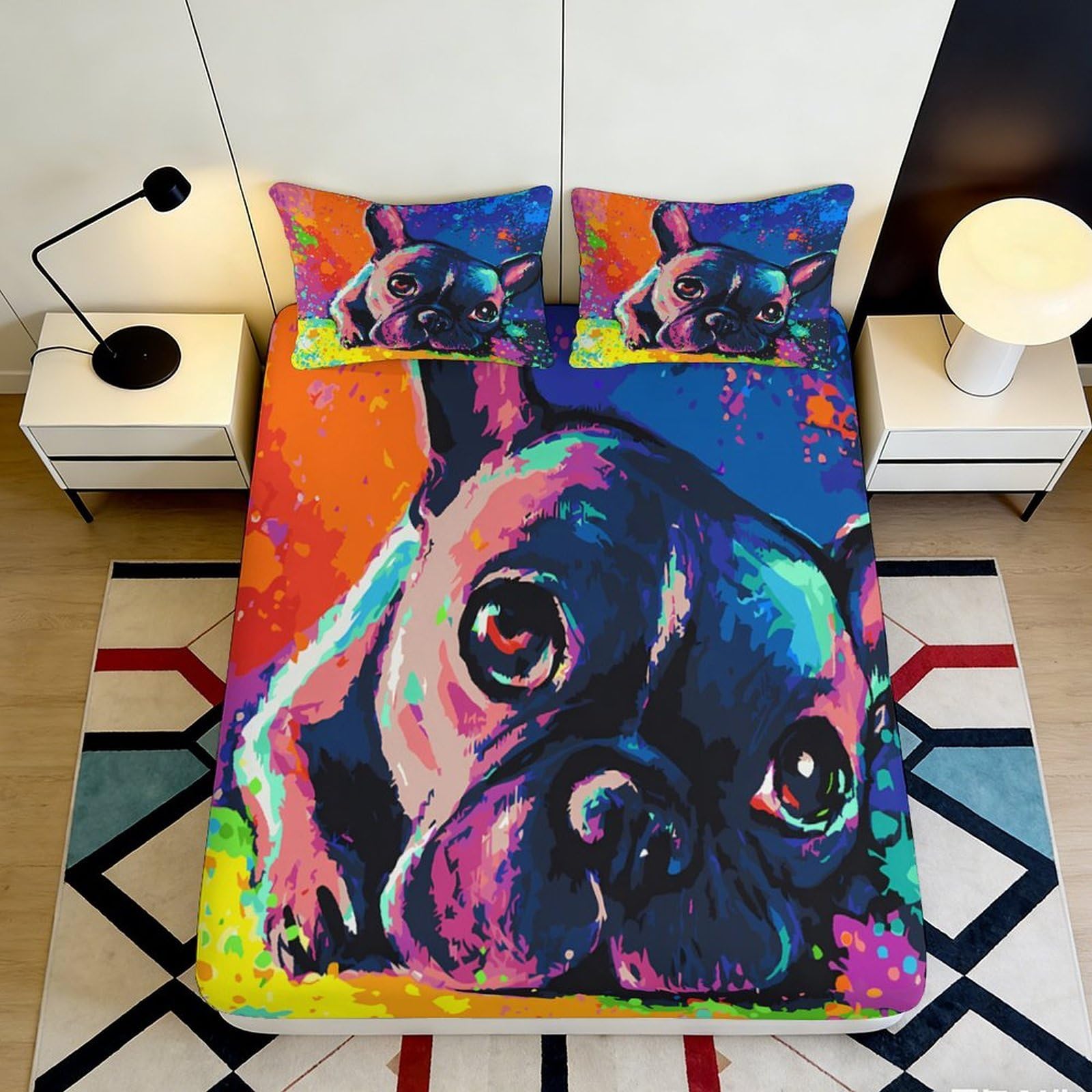 3D Printed Colorful French Bulldog Fitted Sheet Microfiber Soft Durable Vibrant Dog Pattern Mattress Cover for Bedroom Dormitory Guest Room 180x200x25cm