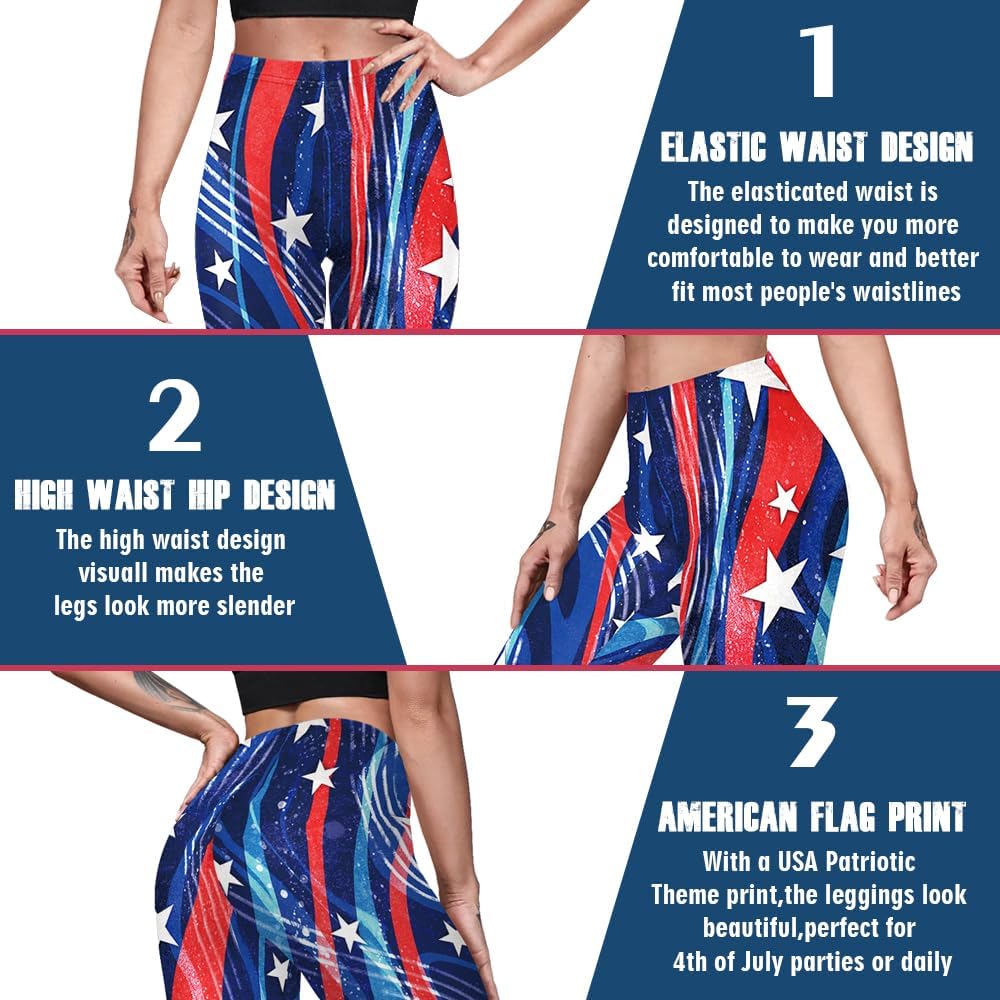 Eciodci Women's American Flag Leggings USA 4th of July Patriotic Stripes High Waist Soft Stretchy Yoga Pants - Image 5