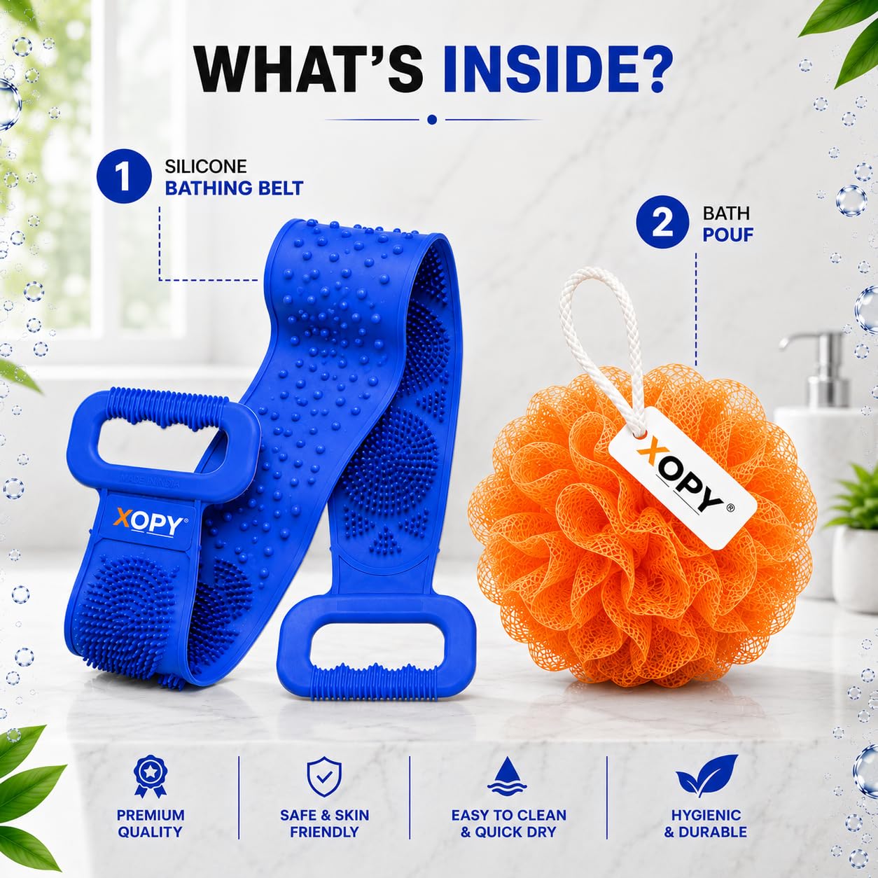 2-in-1 Silicone Bathing Belt & Loofah Combo for Men & Women | Double-Sided Back Scrubber with Long Handles for Deep Cleansing & Exfoliation | Soft Silicone Body Scrubber with Mesh Bath Pouf | Quick Dry & Skin Friendly