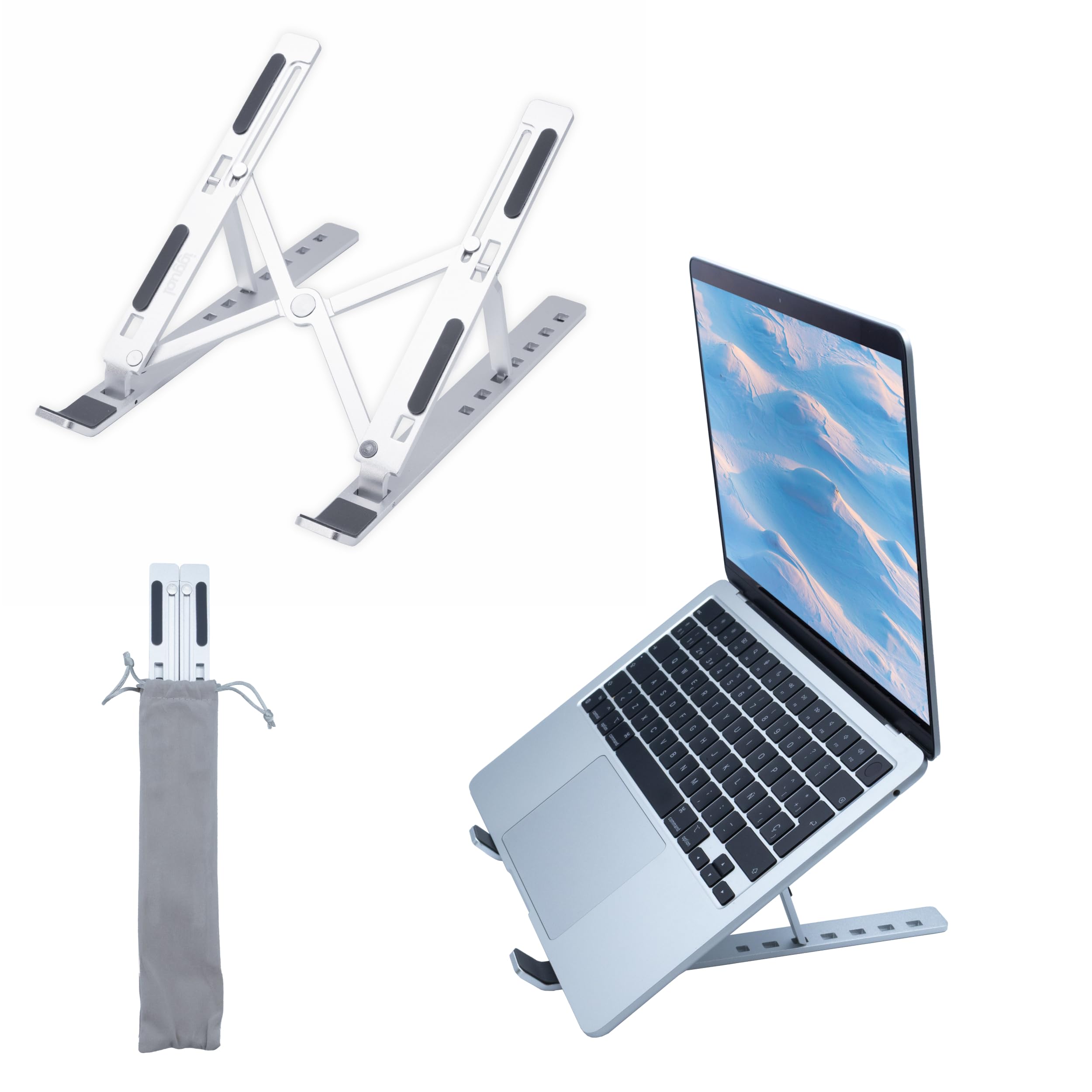 iggual – Soporte para Portátil de Escritorio, Base Plegable de Aluminio Ajustable, Atril Elevador para Portátil hasta 17”, Soporte Portátil de Mesa Antideslizante con Funda – Color Plata