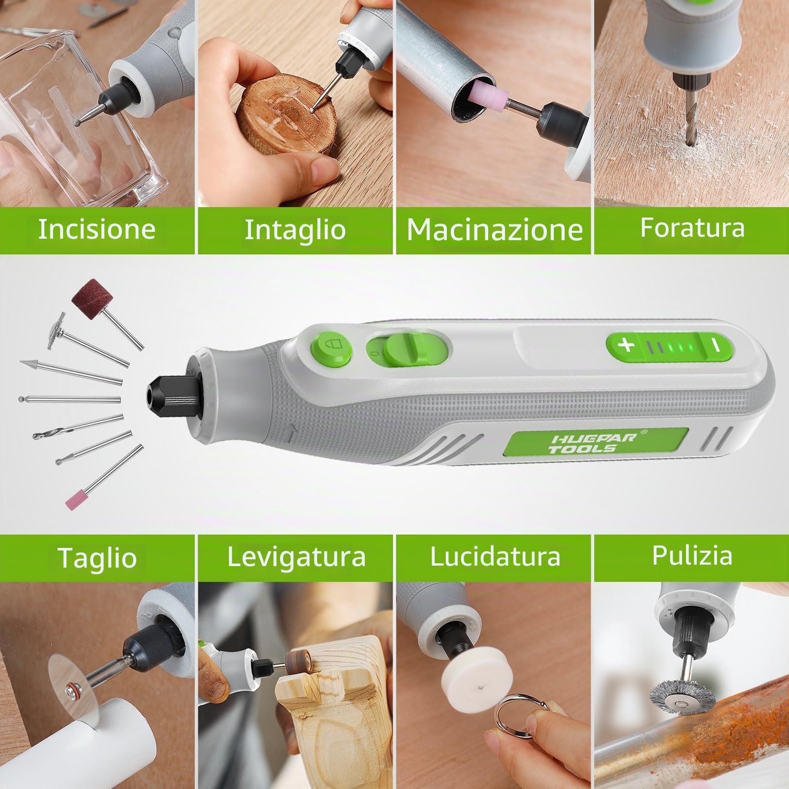 Huepar Tool Mini Trapano 4V MAX Utensile Multifunzione a batteria 51 Accessori Strumenti Rotativi 5 Marce 5000-25000 giri/min