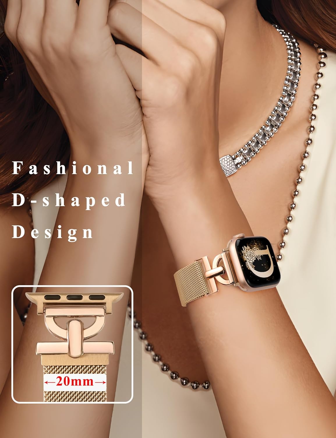 Stainless Steel Magnetic Loop Compatible with Apple Watch Band 38mm 40mm 41mm 42mm Women Metal Mesh D-shaped Clasp Strap for iWatch SE Series 10/9/8/7/6/5/4/3/2/1/Ultra(1/2) Rose Gold