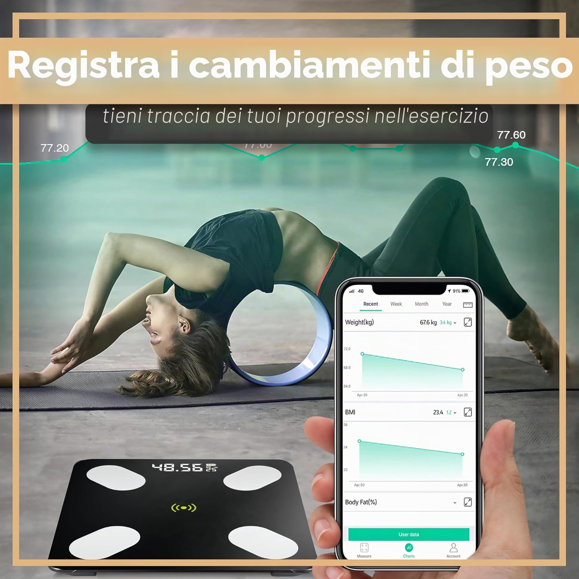 Retoo Bilancia Pesapersone digitale Bluetooth per il grasso corporeo con bilancia analisi del corpo, in vetro temperato, con App iOS e Android, bilancia intelligente per massa muscolare