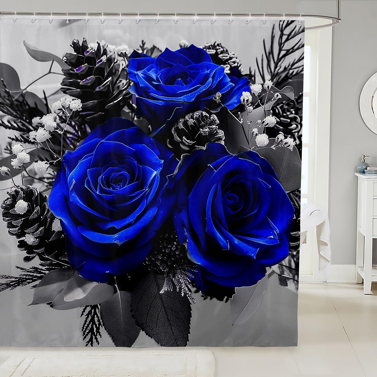 Blue Rose Bathroom Shower Curtain Set, 72"Wx78"L - Romantic Valentine's Day Botanical Floral Waterproof Garden Farmhouse Bathroom Accessory
