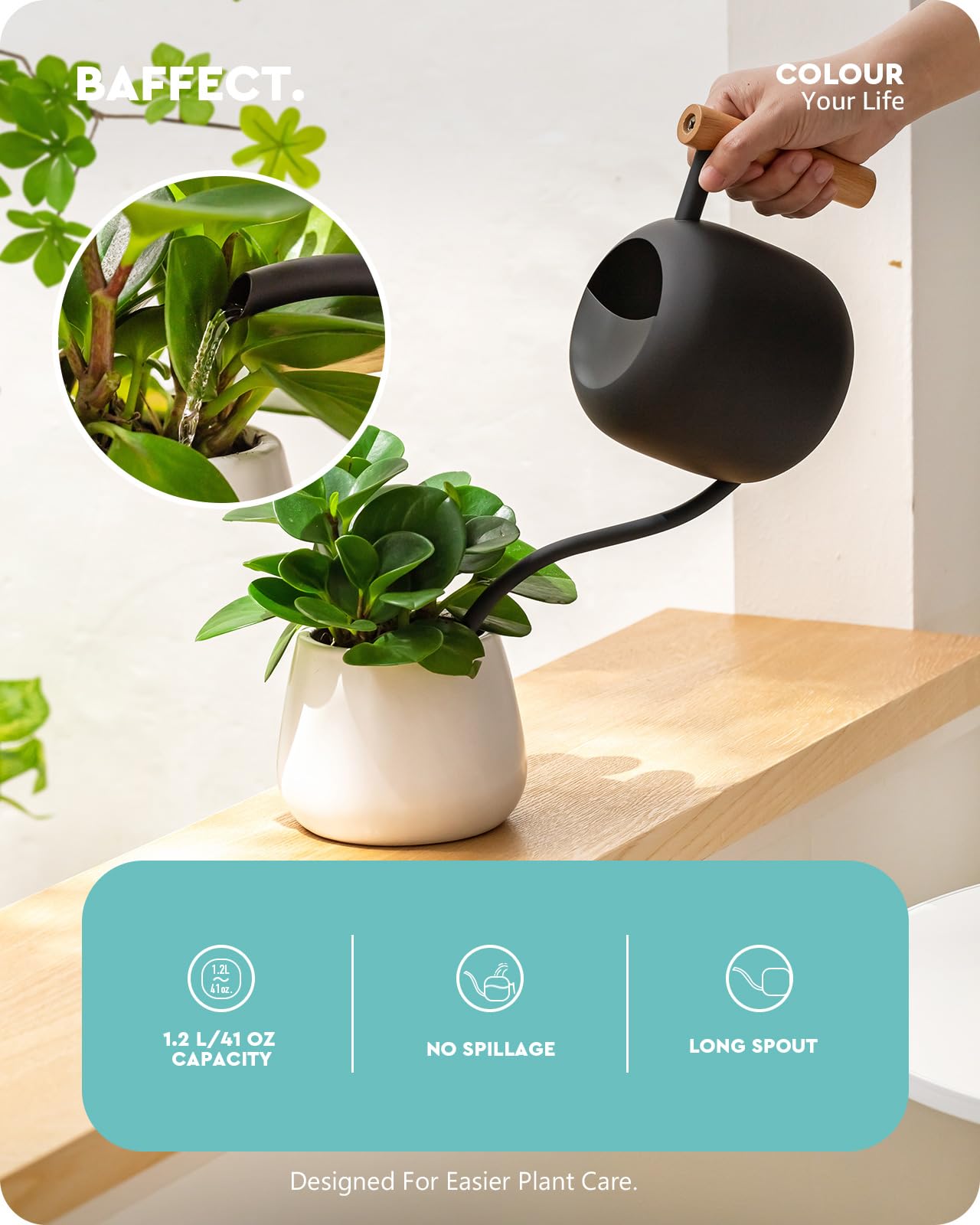 Baffect Ensemble d'arrosoir pour plantes d'intérieur comprenant un arrosoir en métal de 1,2 l à long bec et un flacon pulvérisateur en verre foncé de 382,7 g, un flacon pulvérisateur d'eau avec buse