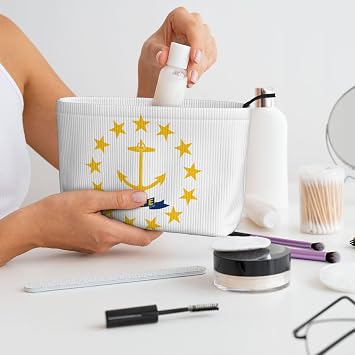Rhode Island State Flag Corduroy Makeup Bag with Zipper, Cosmetic Pouch for Travel, Toiletries and Daily Use