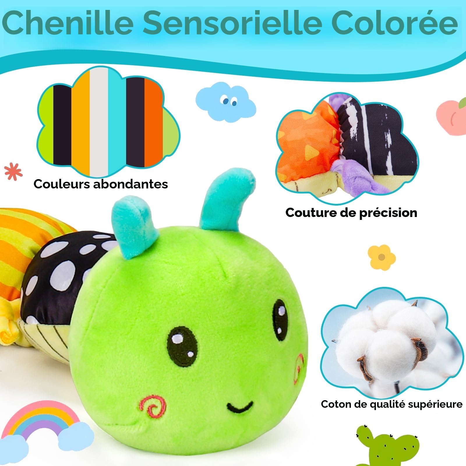 Jouet Bebe 0 3 6 Mois Jouet Peluche Chenille Musicale, Jouet Sensoriels Montessori, Jeux Eveil Bebe 0-3 3-6 Mois avec Hochet Miroir Bebe, Cadeau Naissance Garcon Fille 0-6 Mois