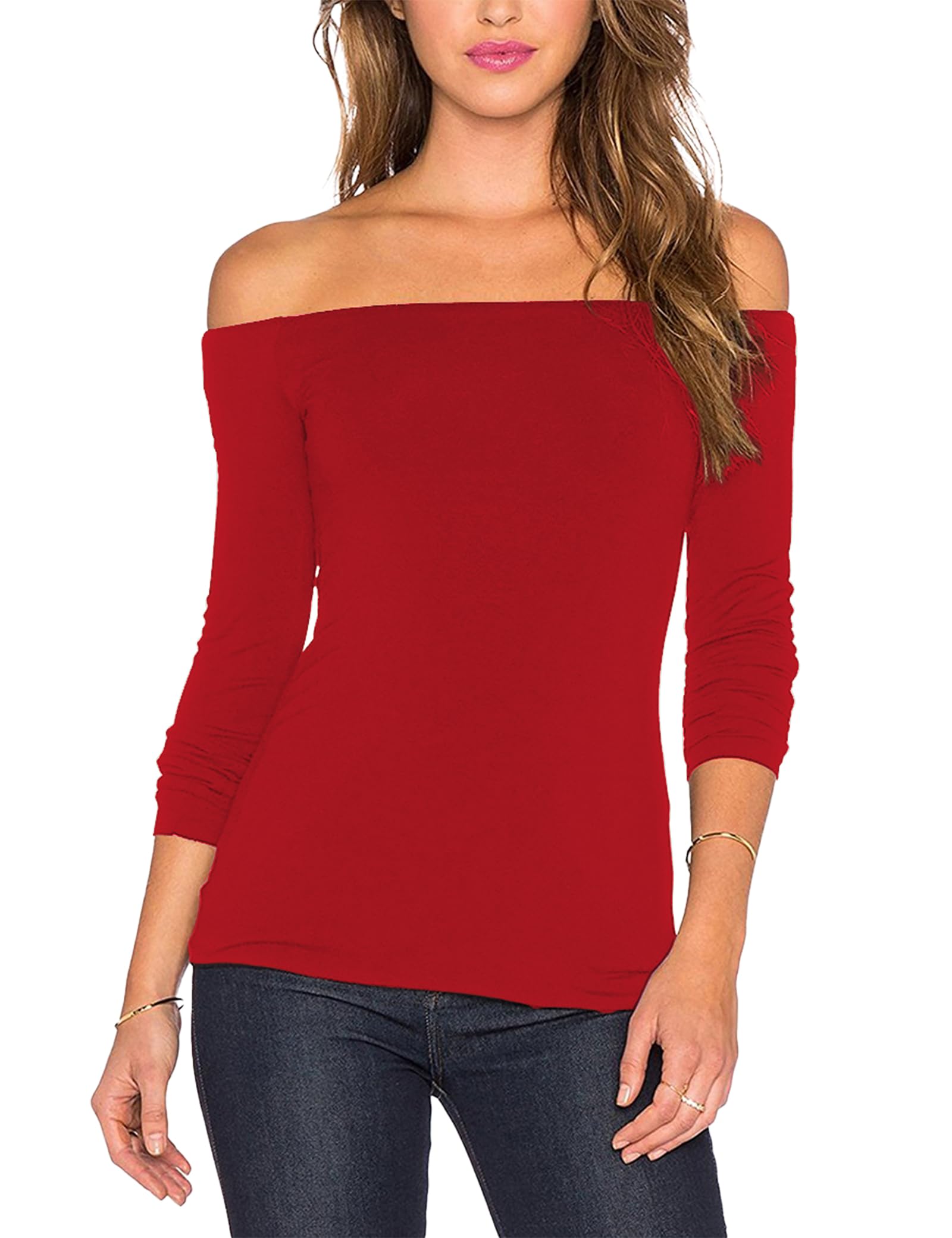 Sarin Mathews Women's Sexy Off The Shoulder Tops Long Sleeve Slim Fit Stretchy Shirts Blouses Top