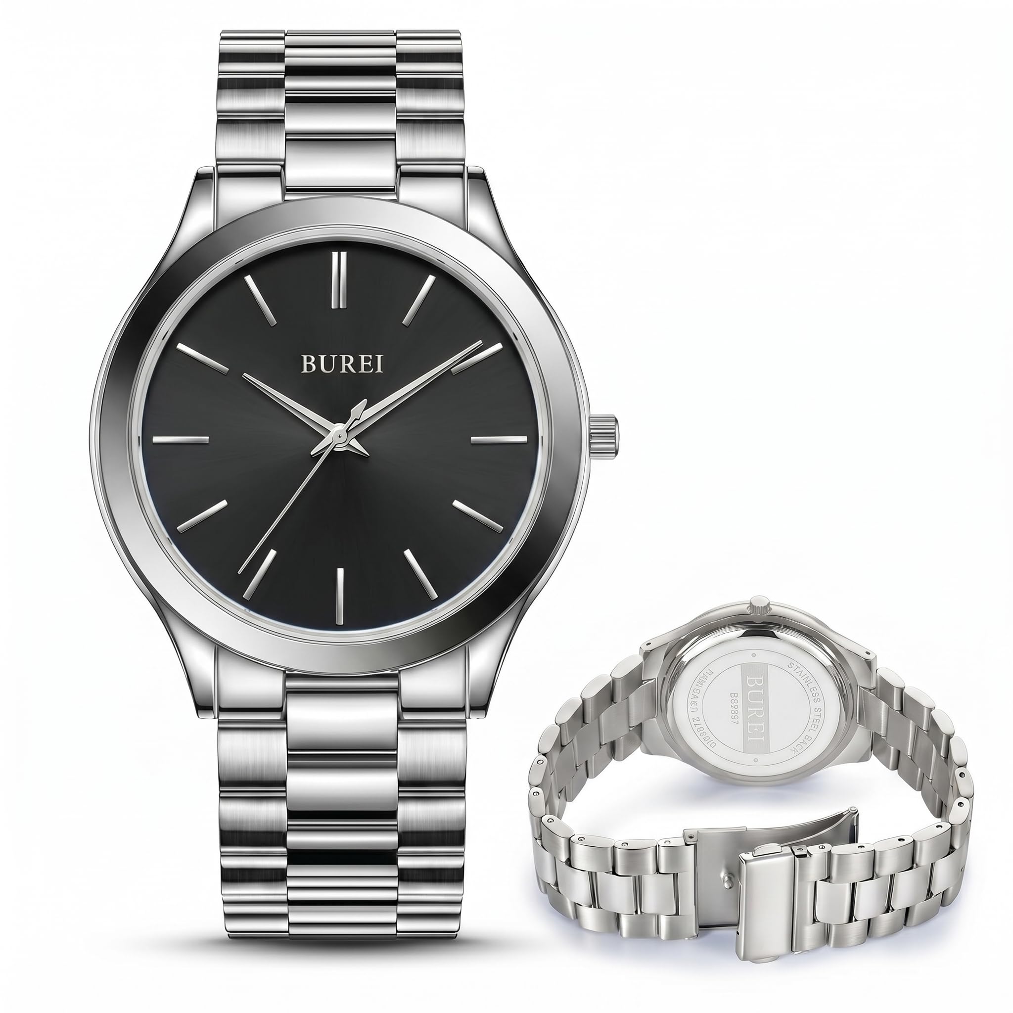 BUREI Modische Herren-Armbanduhr aus Edelstahl, Quarz-Armbanduhr mit japanischem Uhrwerk für Herren, Klassische Luxus-Uhr, 42 mm
