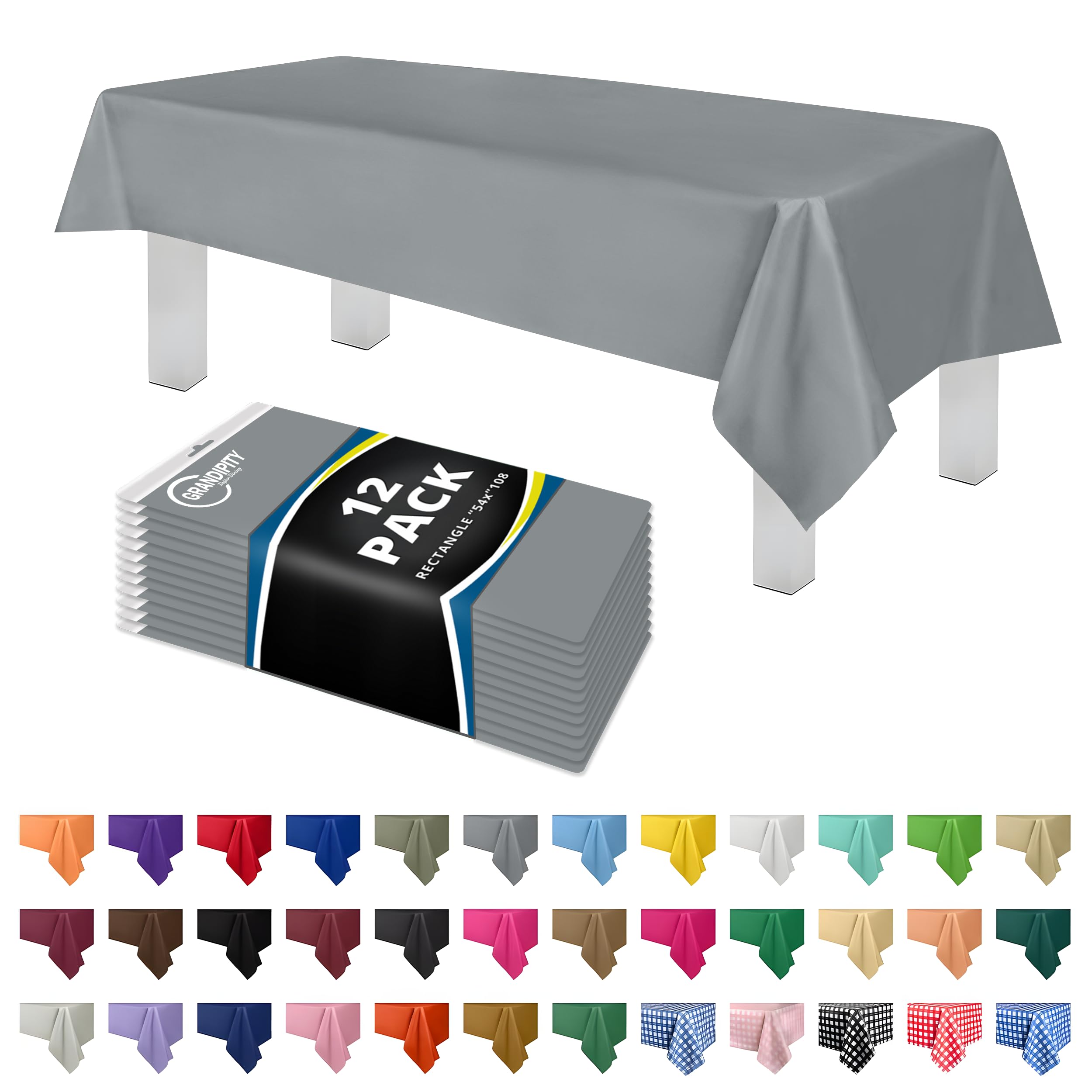 Silver 12 Pack Premium Plastic Tablecloth 54 Inch. x 108 Inch. Rectangle Table Cover By Dluxware