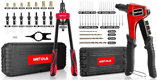 WETOLS Kit de pistola de remache y herramienta de tuerca de remache, pistola de remache manual con 4 cabezales de remache con 200 remaches,